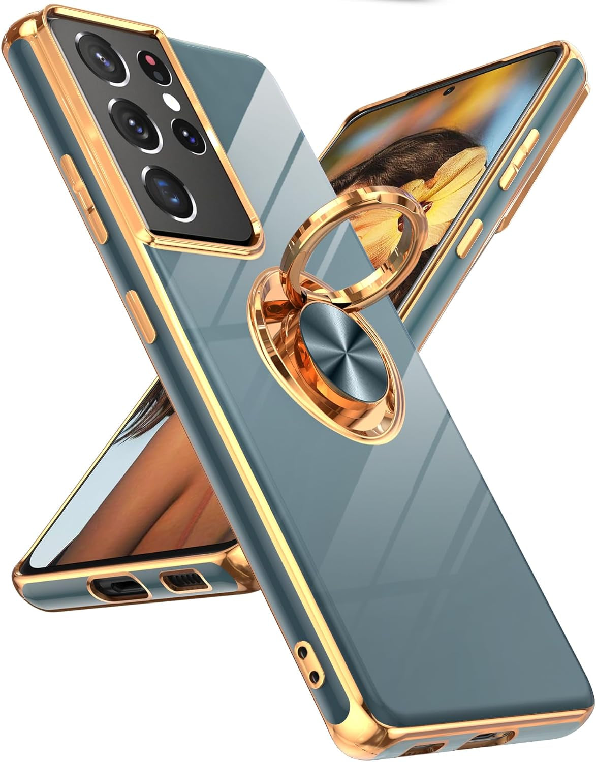 Leyi for Samsung Galaxy S21 plus Case 360° Rotatable Ring Holder Magnetic Kickstand, Plating Rose Gold Edge Protective Case, Grey  LeYi Gray Samsung Galaxy S21 Ultra 