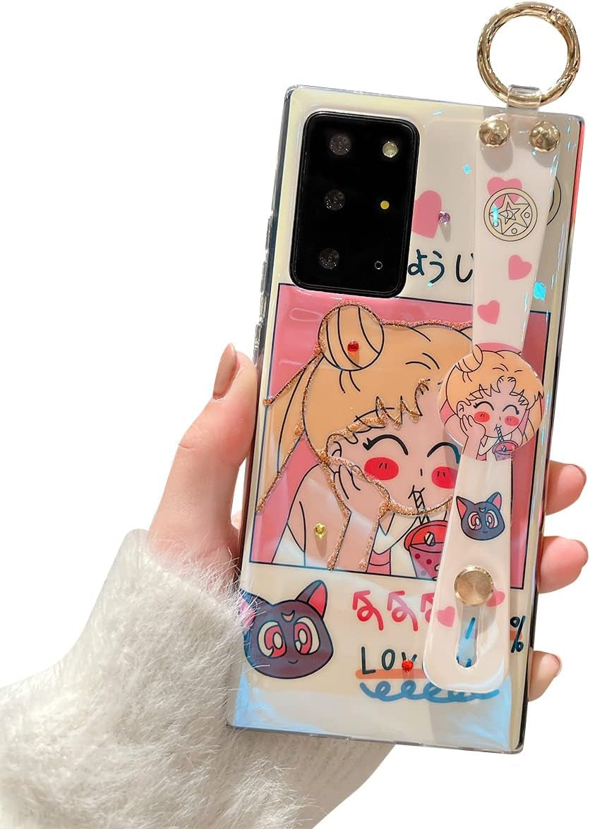 Lastma for Samsung Galaxy Note 20 Ultra Case Cute with Wrist Strap Kickstand Case 5G Glitter Bling Cartoon IMD Soft TPU Shockproof Protective Phone Cases Cover for Girls and Women - Purple Butterfly  Lastma Cartoon Girl  