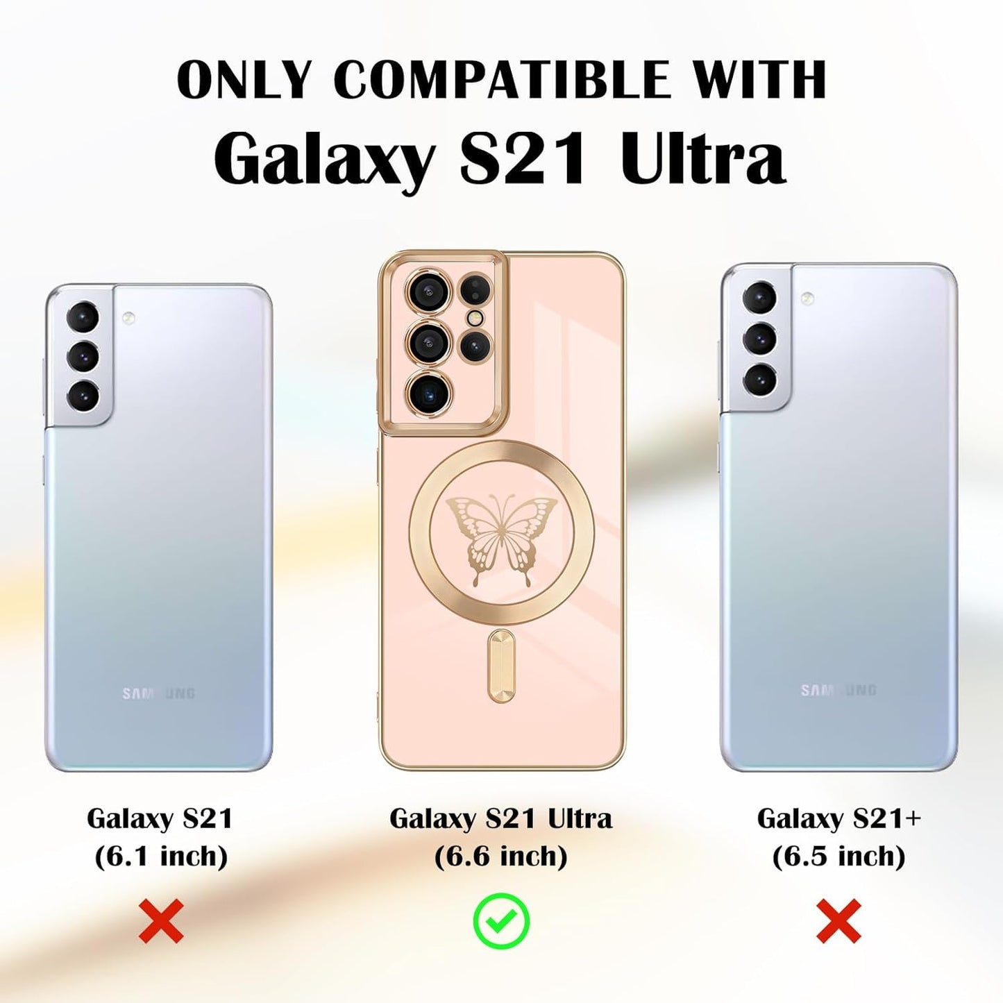 Newseego for Samsung Galaxy S21 Ultra 5G Magnetic Case, Cute Butterfly Plating Edge Case with Magsafe for Women Girls Men Soft TPU Bumper Shockproof Protective Cover for Samsung Galaxy S21 Ultra-Pink  Newseego   