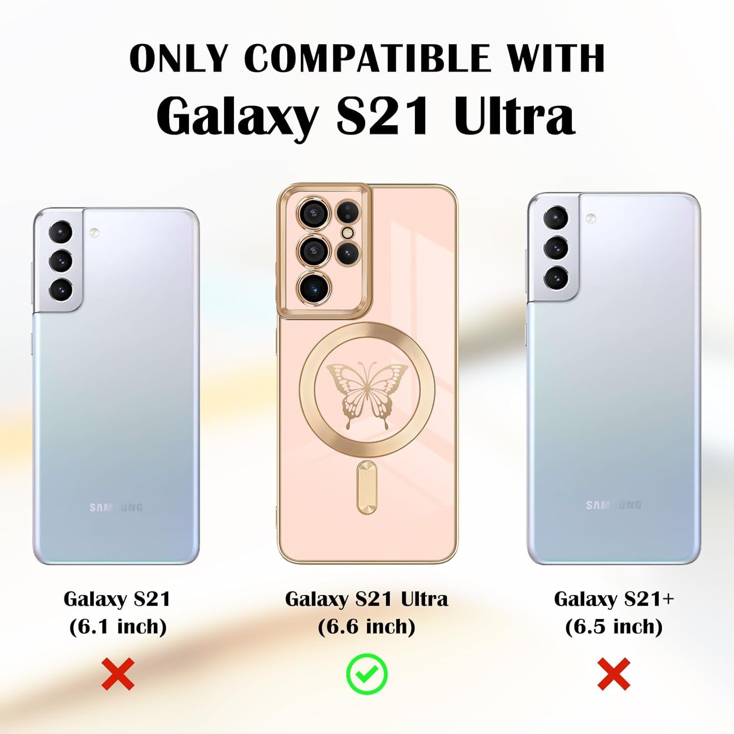 Newseego for Samsung Galaxy S21 Ultra 5G Magnetic Case, Cute Butterfly Plating Edge Case with Magsafe for Women Girls Men Soft TPU Bumper Shockproof Protective Cover for Samsung Galaxy S21 Ultra-Pink  Newseego   