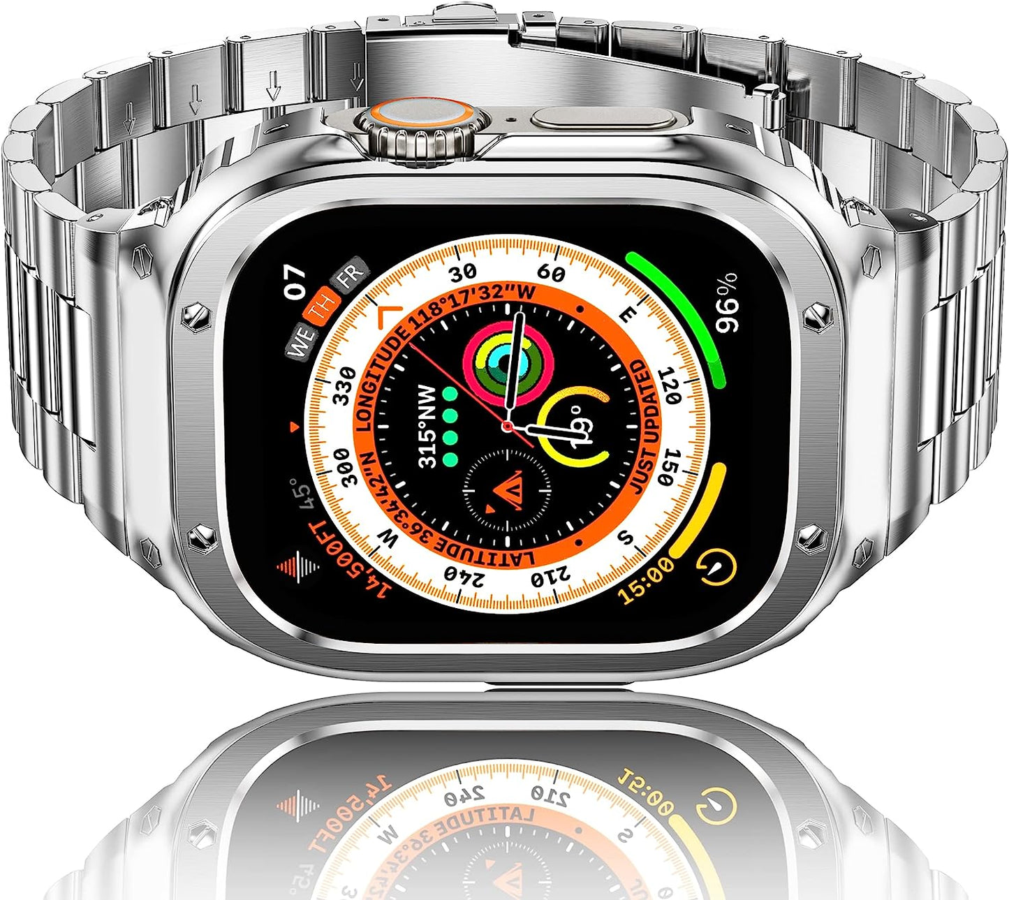 Amznew Stainless Steel Apple Watch Band with Case Compatible with Apple Watch Ultra 49Mm 8/7(45Mm/41Mm) 6/5/4/Se(44Mm/40Mm) 3/2/1(42Mm/38Mm), Iwatch Bands and Protective Cover for Men  Amznew Silver(case) 49mm-Ultra 