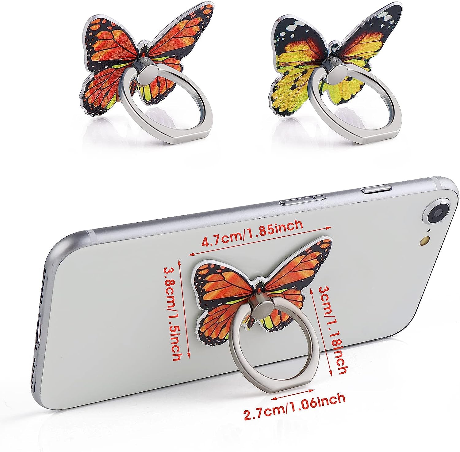 Cobee Butterfly Cell Phone Ring Stand Holder, 2 Pcs Cute Butterfly Pattern Painted Metal Finger Stand Kickstand 360°Rotation Phone Ring Holder Stand Ring Hand Grip with Knob Loop(Yellow, Orange)  Cobee   