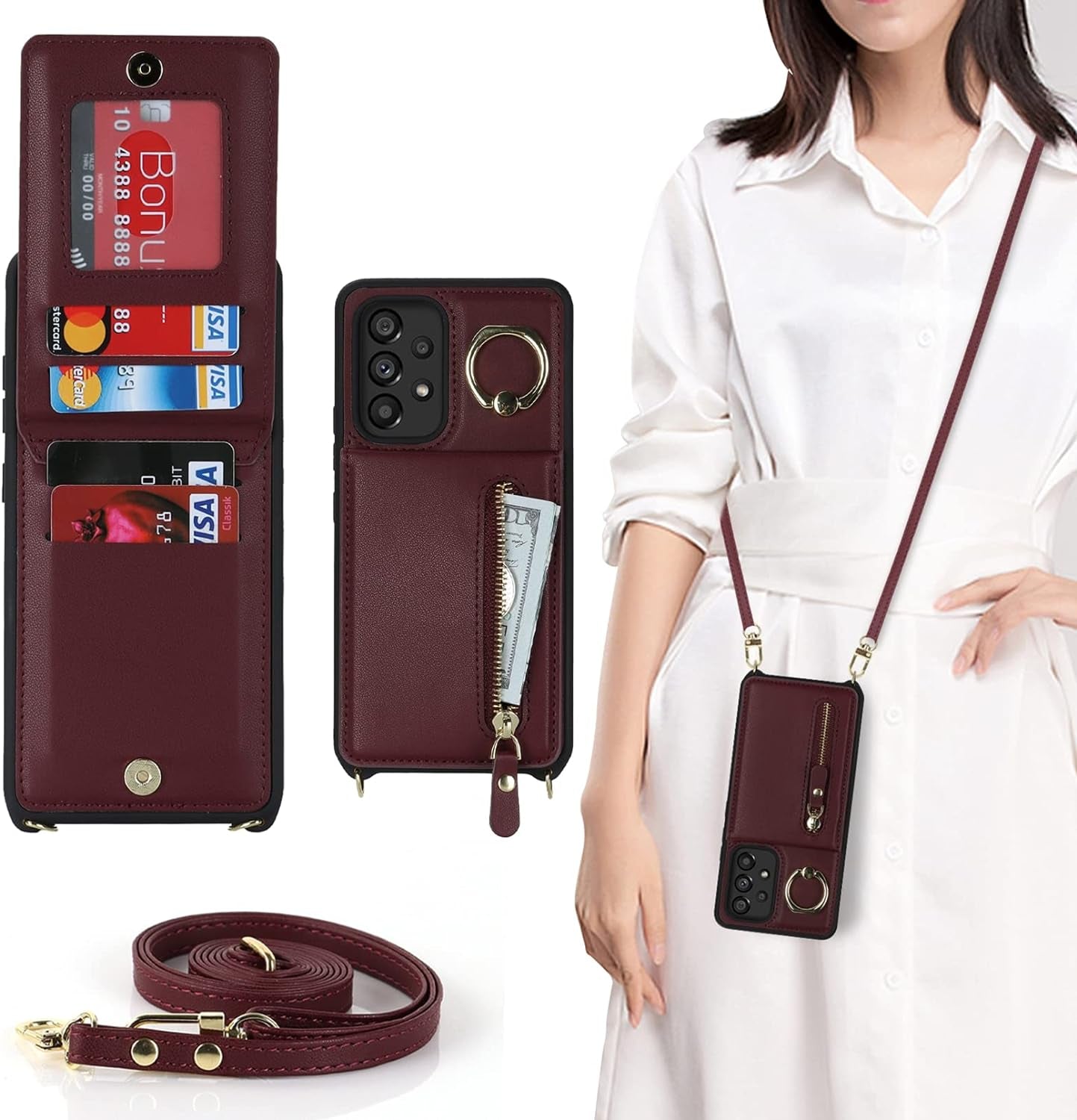 Jaorty Samsung Galaxy A53 5G Phone Case for Women with Card Holder,Samsung A53 Case Wallet Crossbody Lanyard with Strap,Credit Card Slots Kickstand Case with Ring Holder,6.5 Inch,Black Leopard  Jaorty Style 2 Ring Holder - Burgundy  