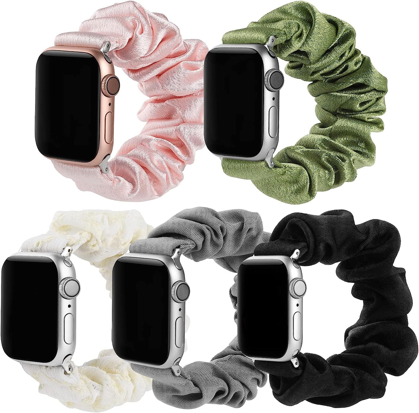 Bigqin 5-Packs Elastic Band Solo Loop Scrunchie Bands Compatible with Apple Watch Series 8 7 (41Mm) Series 6 SE (40Mm) Series 3 2 1 (38Mm), Women Bracelet Strap Compatible with Iwatch 41Mm 40Mm 38Mm  Bigqin Black+Pink+Green+White Lace+Grey Large 