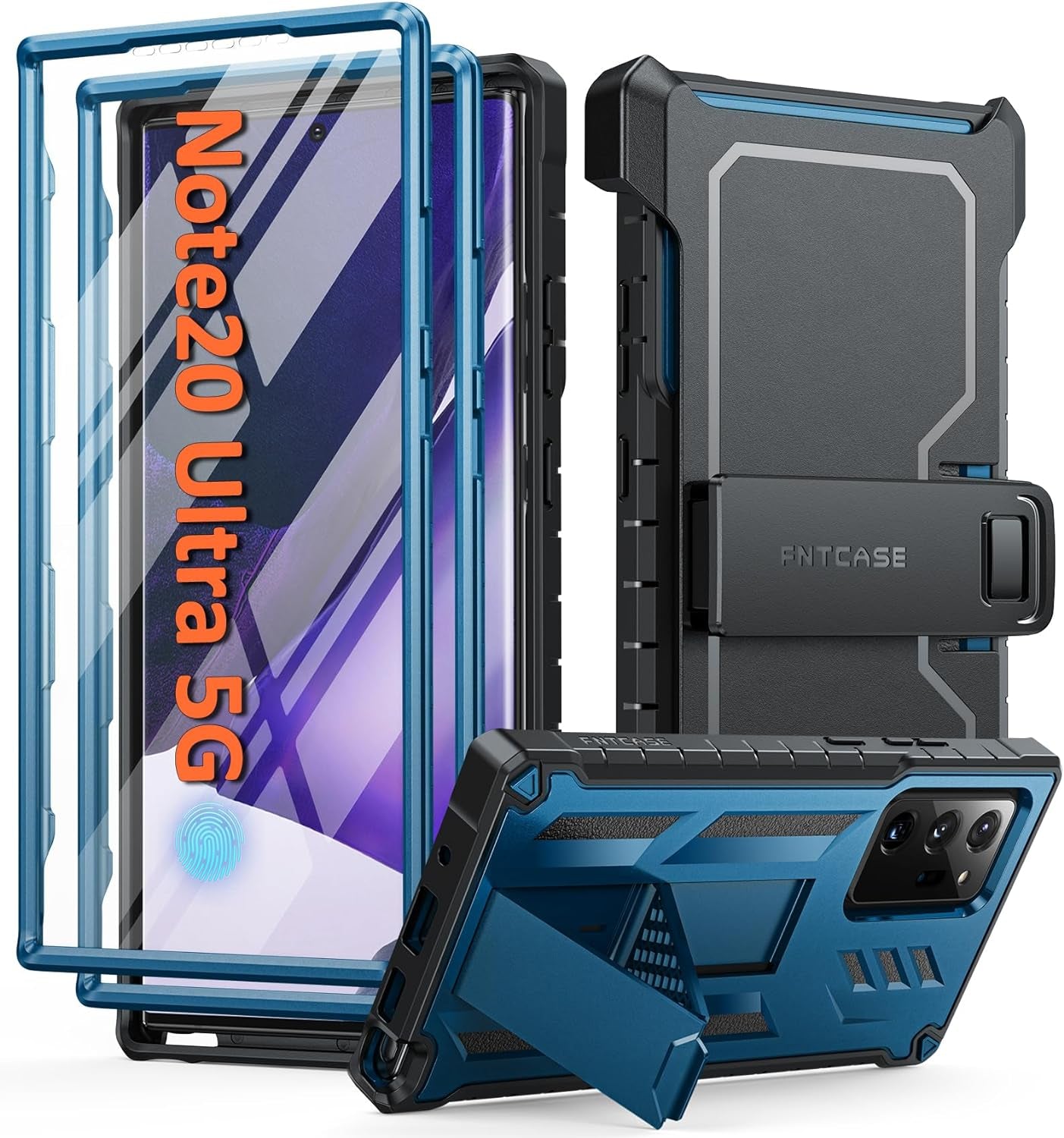 FNTCASE for Samsung Galaxy Note-20-Ultra Case: with Belt-Clip Holster & Built-In Screen Protector & Kickstand, Full-Body Dual Layer Rugged Heavy Duty Shockproof Protective Cell Phone Cover 5G-Black  FNTCASE Blue  