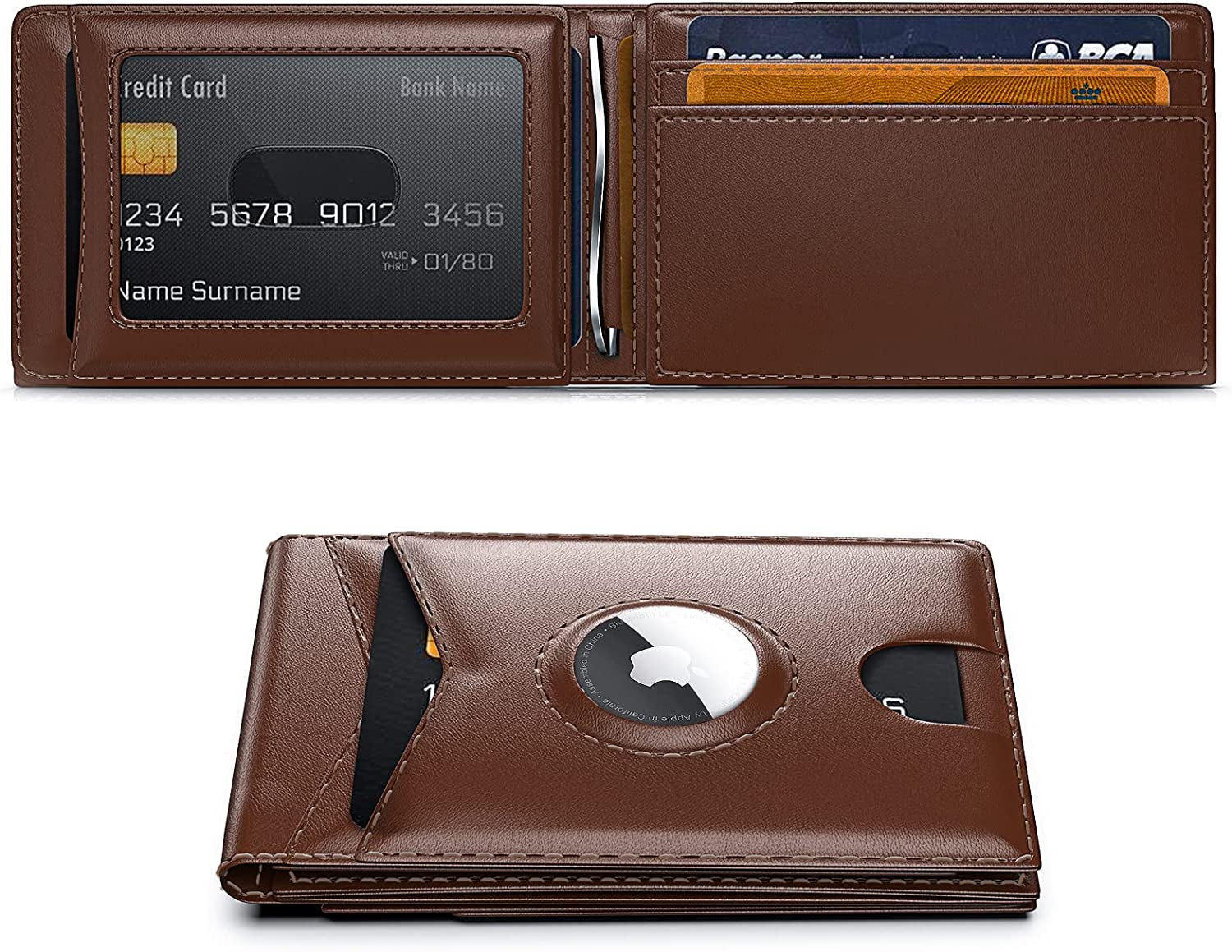 GIPUSSON Slim Leather Wallet for Men Airtag Hidden,Large Bifold Mens Wallet RFID Blocking with ID Windows,Credit Card Holder for Men Wallet  GIPUSSON 8002-B-Dark Brown-2  