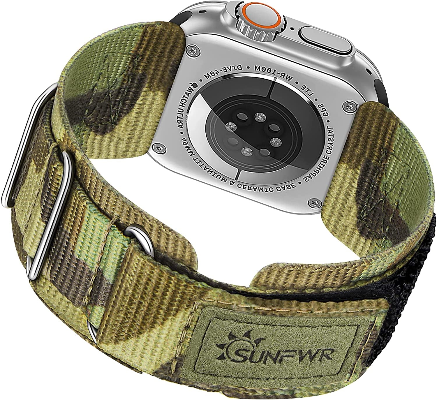 SUNFWR Compatible with Apple Watch Band 42Mm 44Mm 45Mm 49Mm 38Mm 40Mm 41Mm, Rugged Replacement Velcro Strap with Three Buckle Loop Design Tough Nylon Band for Iwatch Ultra Series 8/7/6/5/4/3/2/1/SE  SUNFWR Camo/Silver 42mm 44mm 45mm 49mm 