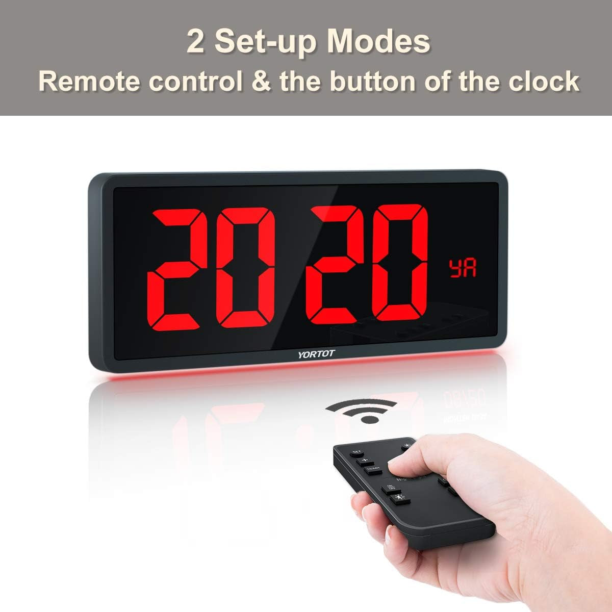 YORTOT 16” Large Digital Wall Clock with Remote Control - Adjustable Dimmer, 7 Color Night Lights, Big LED Clock with Indoor Temperature, Date, Auto DST, 12/24Hour, Wall Mount/Foldable Stand  YORTOT   