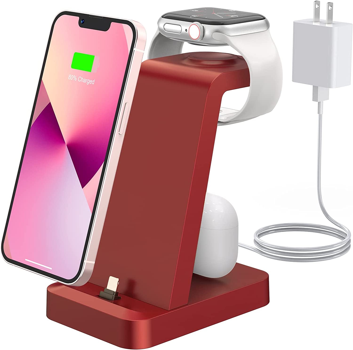 Charger Station for Iphone Multiple Devices - 3 in 1 Fast Wireless Charging Dock Stand for Apple Watch Series 7 6 SE 5 4 3 2 & Airpods Iphone 14 13 12 11 Pro X Max XS XR 8 7 plus 6S 6 with Adapter  Shenzhen GTL Technology Co., Ltd. Red  