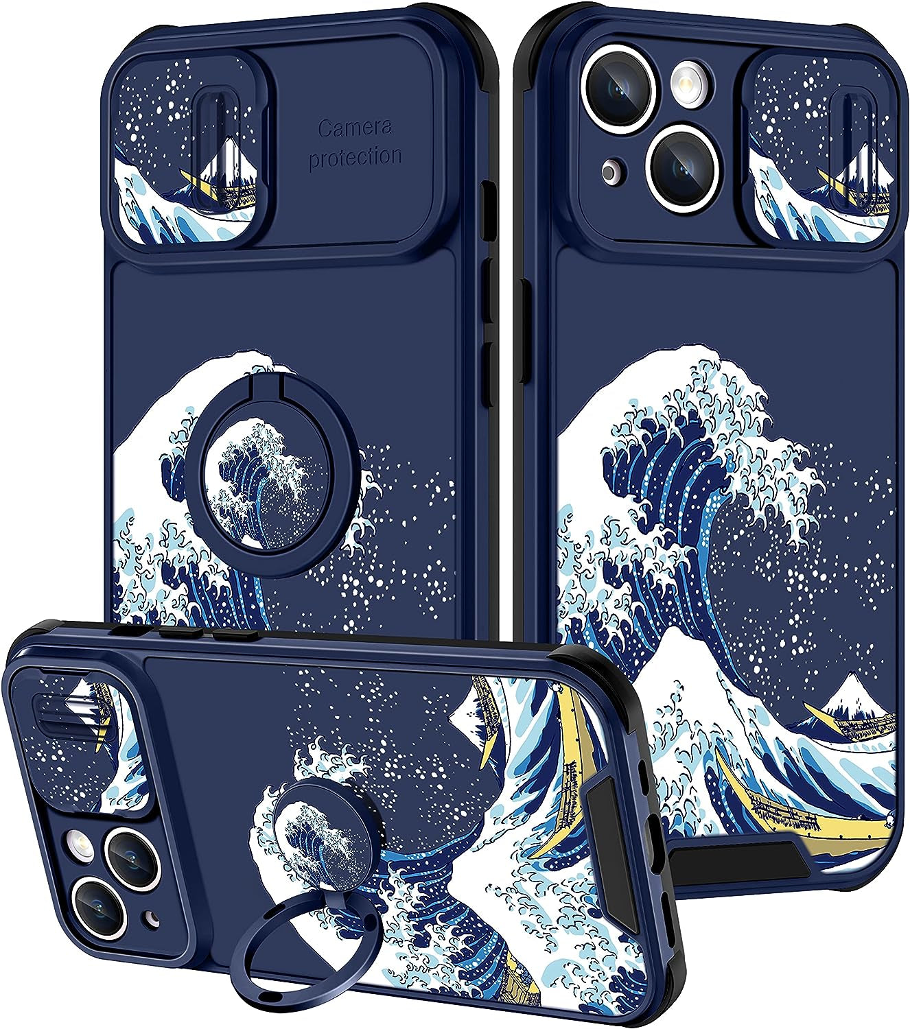 Goocrux (2In1 for Iphone 14 plus Case for Girls Women Kawaii Cartoon Girly Phone Cover Cute Unique Design with Slide Camera Cover+Ring Holder Pink Rainbow Cases for Iphone 14Plus 6.7 Inch  Goocrux Waves  