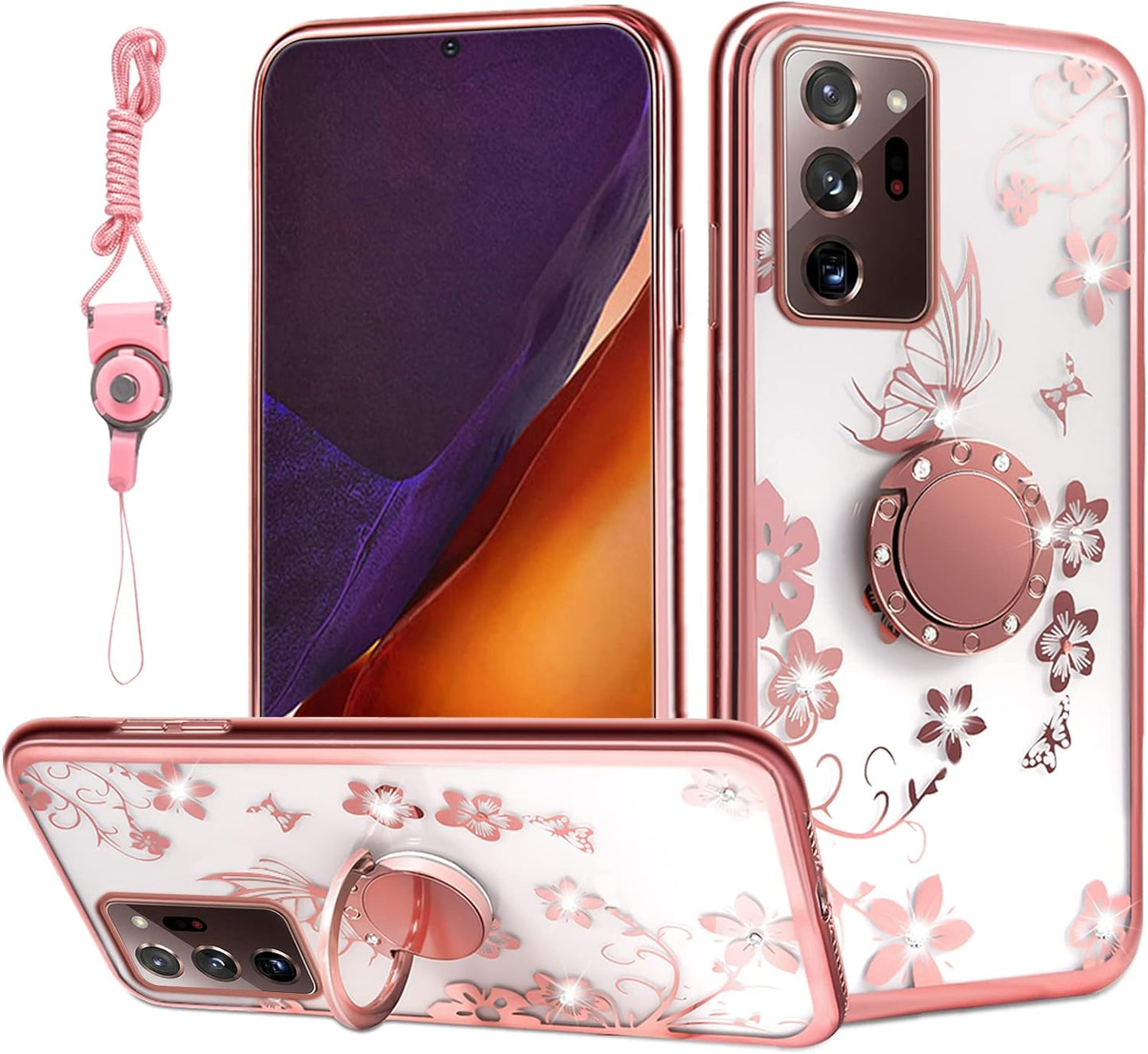 Case for Galaxy Note 20 Ultra 5G Girls Women Cute Luxury Glitter Shiny Sparkly Shell with Ring Stand UPC Soft Slim Bumper Shockproof Protective Phone Cover for Samsung Galaxy Note 20 Ultra 6.9" - Pink  Easyscen Butterfly  