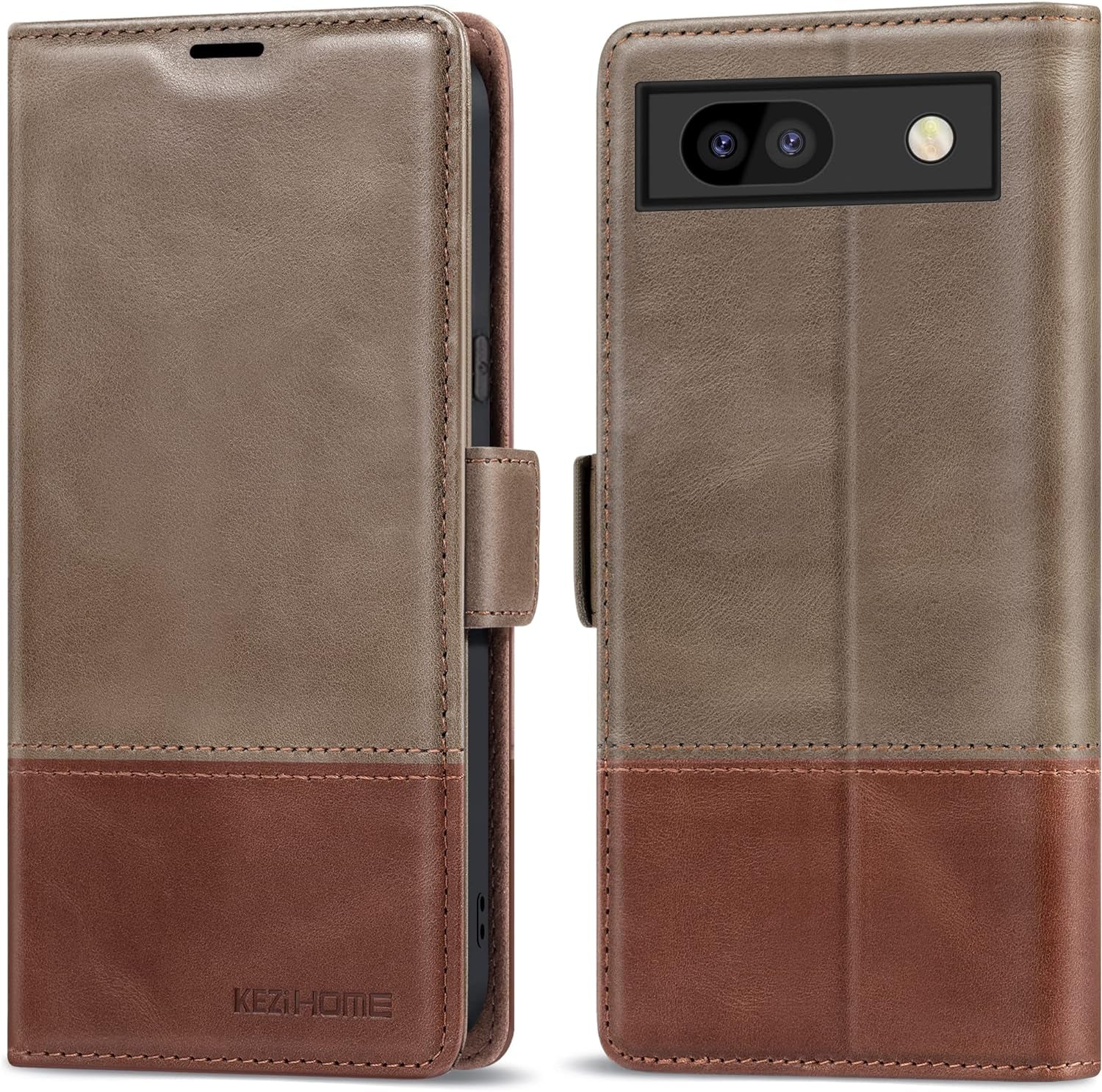 Kezihome Case for Google Pixel 7A, Genuine Leather Wallet Case with Card Holder [RFID Blocking] Kickstand Flip Protective Heavy Duty Phone Cover for Google Pixel 7A 5G 2023 (Red/Brown)  KEZiHOME Gray/Brown Google Pixel 7A 