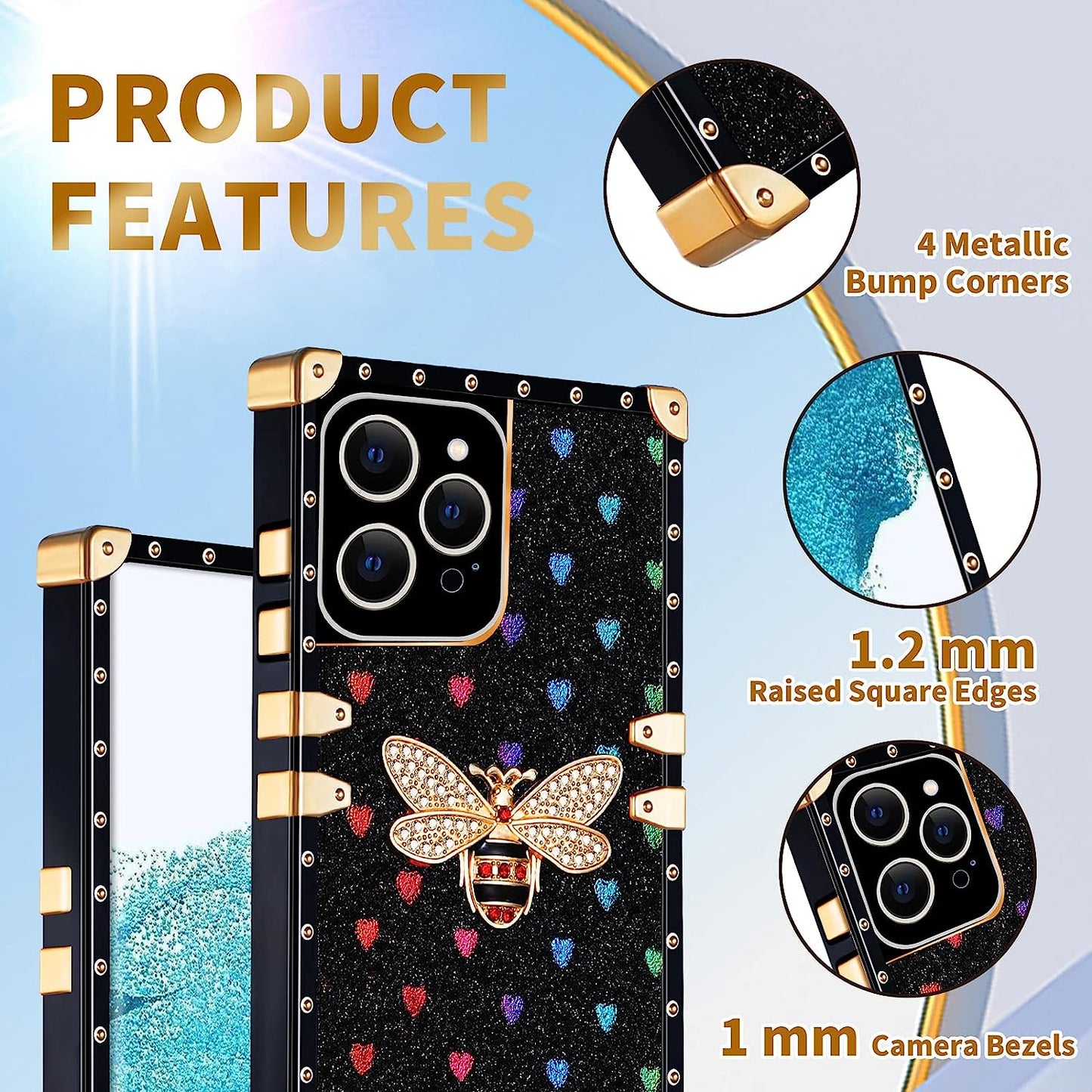 Loheckle for Square Iphone 14 Pro Max Case, Designer Retro Luxury Cases for Women with Ring Stand Holder and Lanyard, Stylish Bee Cute Cover for Iphone 14 Pro Max 6.7 Inch  Loheckle   