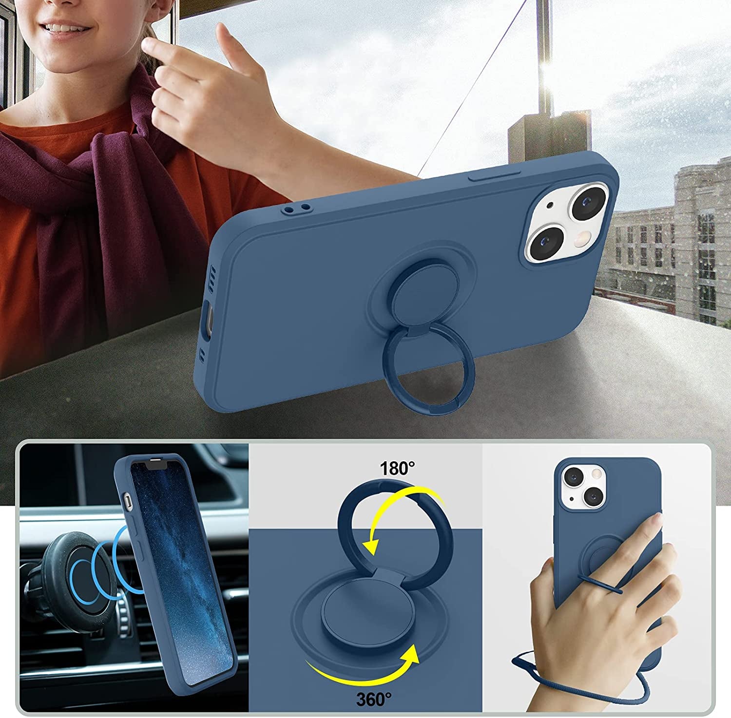 Abitku Compatible with Iphone 13 Mini Case, Silicone with 360°Ring Kickstand Holder (Support Magnetic Car Mount) Microfiber Cloth Designed for Iphone 13 Mini 5.4 Inch (Blue)  ABITKU   