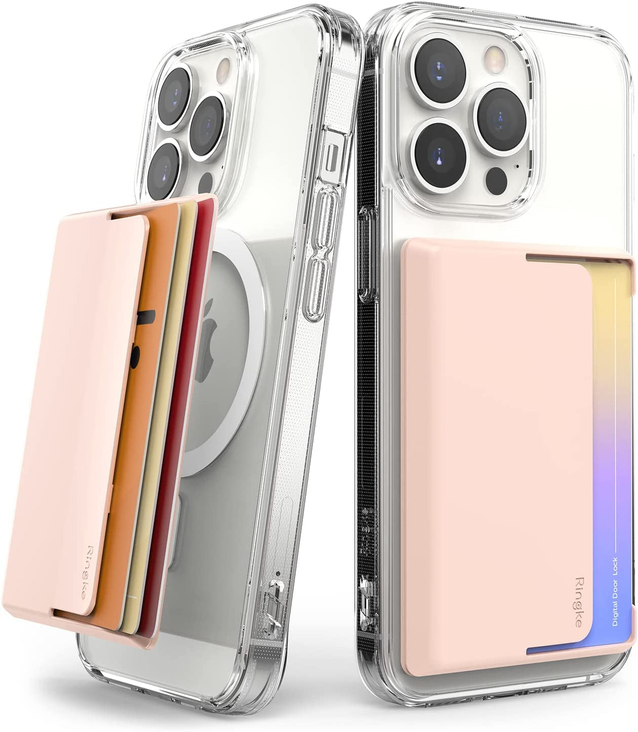 Ringke Magnetic Side Slot Card Holder for Phone Case, Business Card Holder for Back of Phone, ID Credit Card Wallet Compatible with Magsafe, and Iphone 14, 13, 12, Pro Max Mini - Clear Mist  Rearth Peach Pink Magnetic 