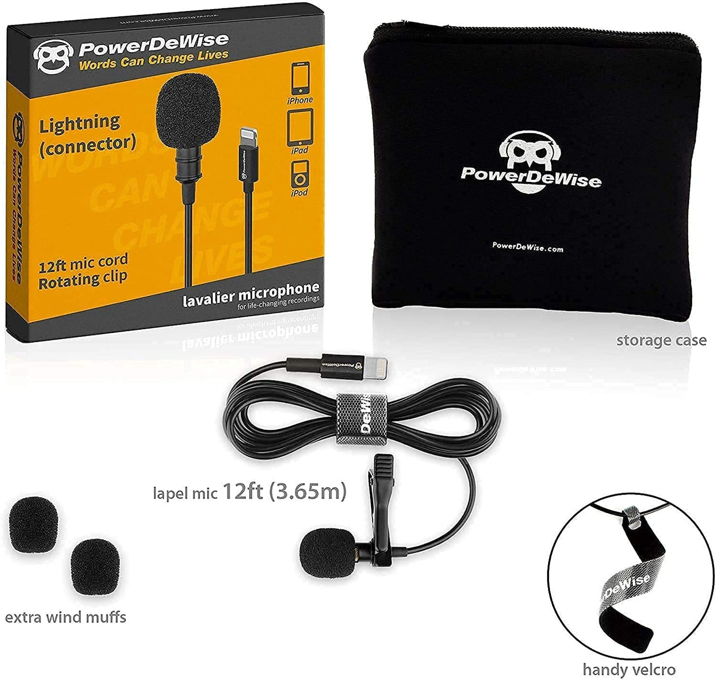 Professional Grade External Lavalier Microphone for Iphone Ipad Ipod - Lapel Omnidirectional Condenser Mic Phone Audio Video Recording Portable Clip-On for Vlogging, Youtube, Interview, Tiktok (12Ft)  PowerDeWise   