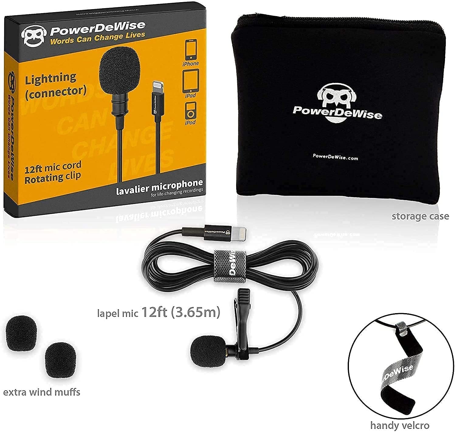 Professional Grade External Lavalier Microphone for Iphone Ipad Ipod - Lapel Omnidirectional Condenser Mic Phone Audio Video Recording Portable Clip-On for Vlogging, Youtube, Interview, Tiktok (12Ft)  PowerDeWise   