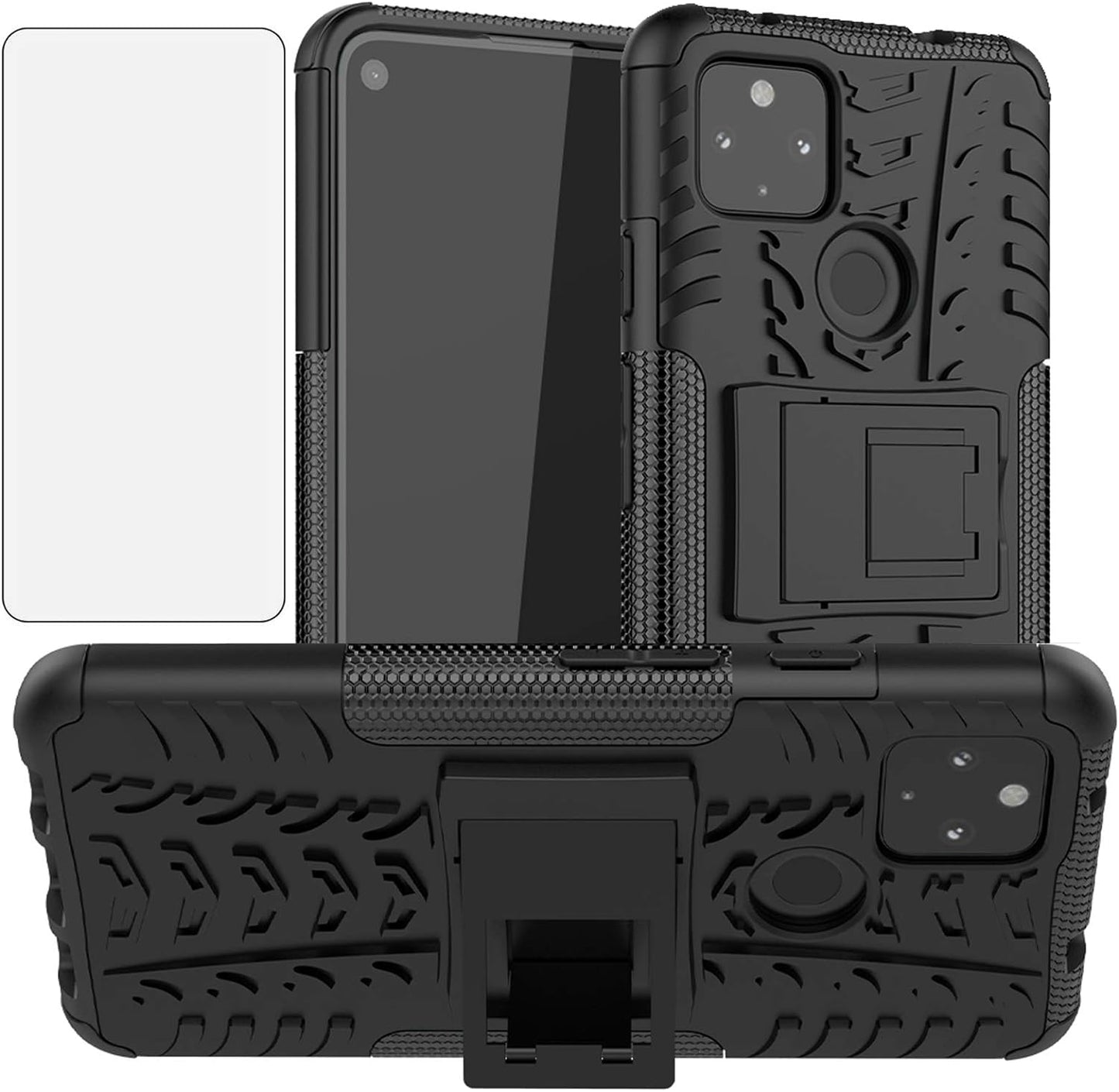 Phone Case for Google Pixel 4A 5G 6.2 with Tempered Glass Screen Protector Cover and Stand Kickstand Hard Rugged Hybrid Cell Accessories Pixel4A5G UW Pixel4A 5G Pixle A4 G5 Pixle 4A5G Cases Men Black  Asuwish   