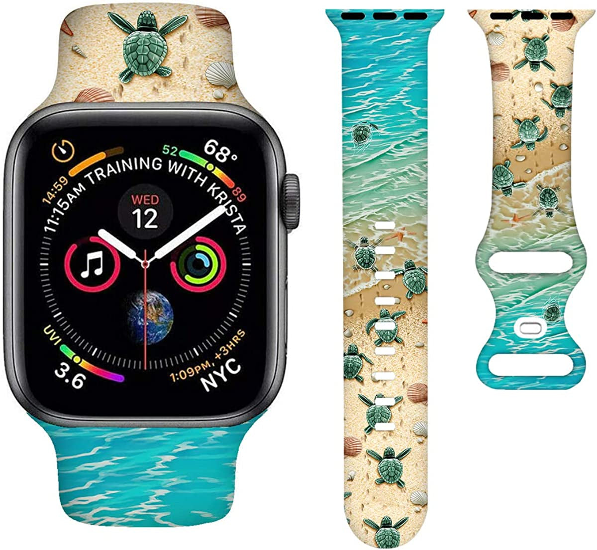 BACDOILQ Summer Watch Band Tropical Palm Tree Sea Turtle Smartwatch Bands Wristband Compatible with Watch 38Mm 40Mm 41Mm Soft Silicone Strap Replacement for Series 8/7/6/5/4/3/2/1/SE  BACDOILQ Turtle 42/44/45mm 