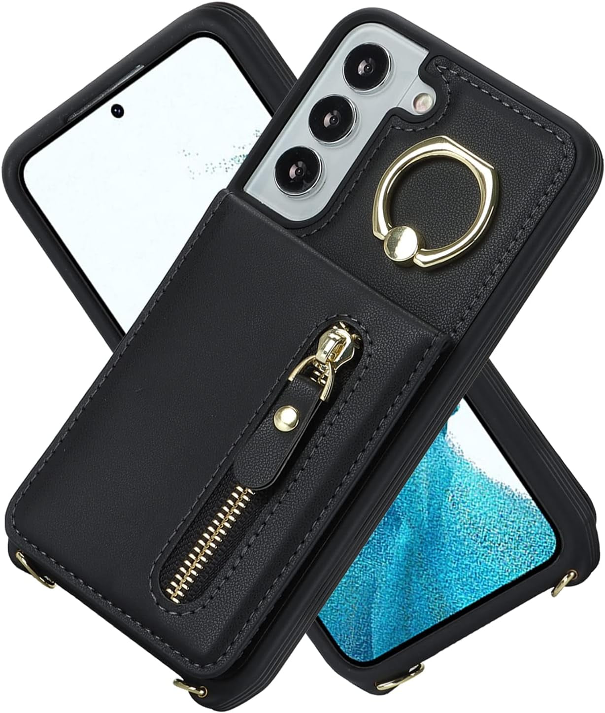 Jaorty Samsung Galaxy S22 5G Phone Case for Women with Card Holder,Samsung S22 Case Wallet Crossbody Lanyard with Strap,Credit Card Slots Kickstand Case with Ring Holder,6.1 Inch,Black  Jaorty   