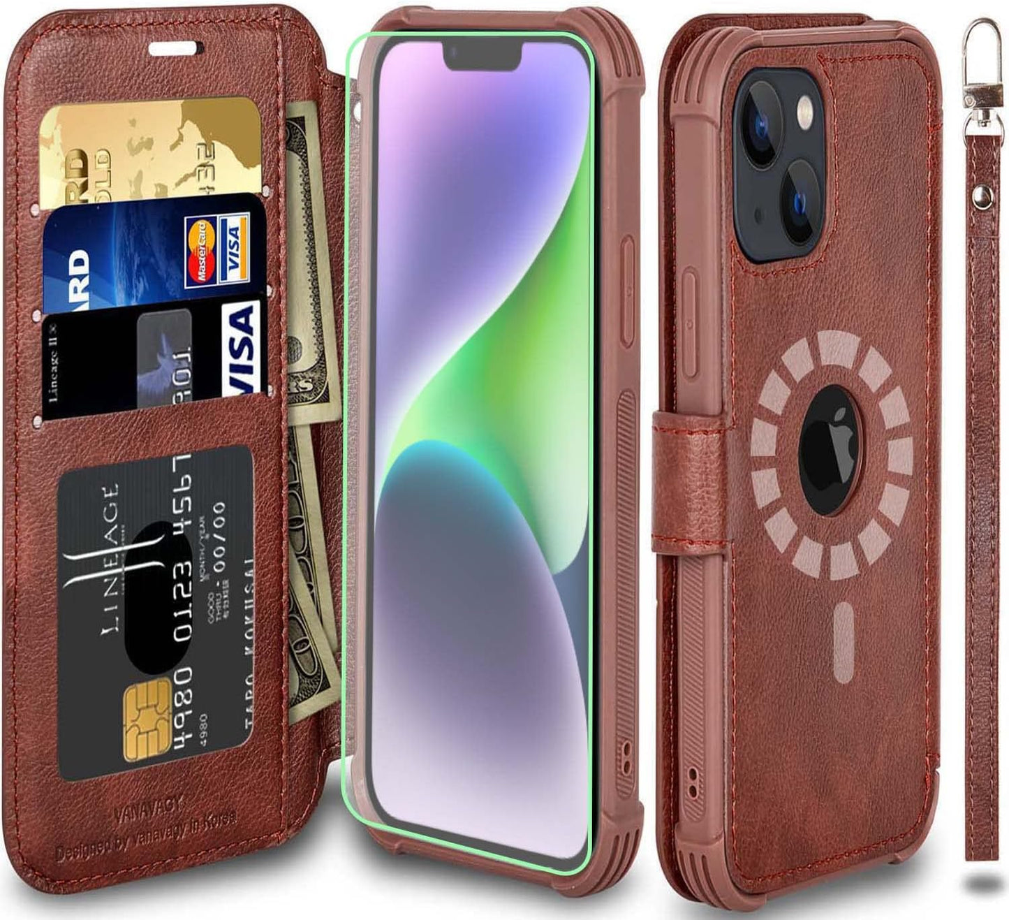 VANAVAGY Iphone 14 plus Wallet Case Magsafe,Leather Flip Folio Phone Cover Supports Magsafe and Wireless Charging with RFID Block Card Holder and Wrist Strap,Clove Purple  VANAVAGY Brown（Not for iPhone 14 ）  