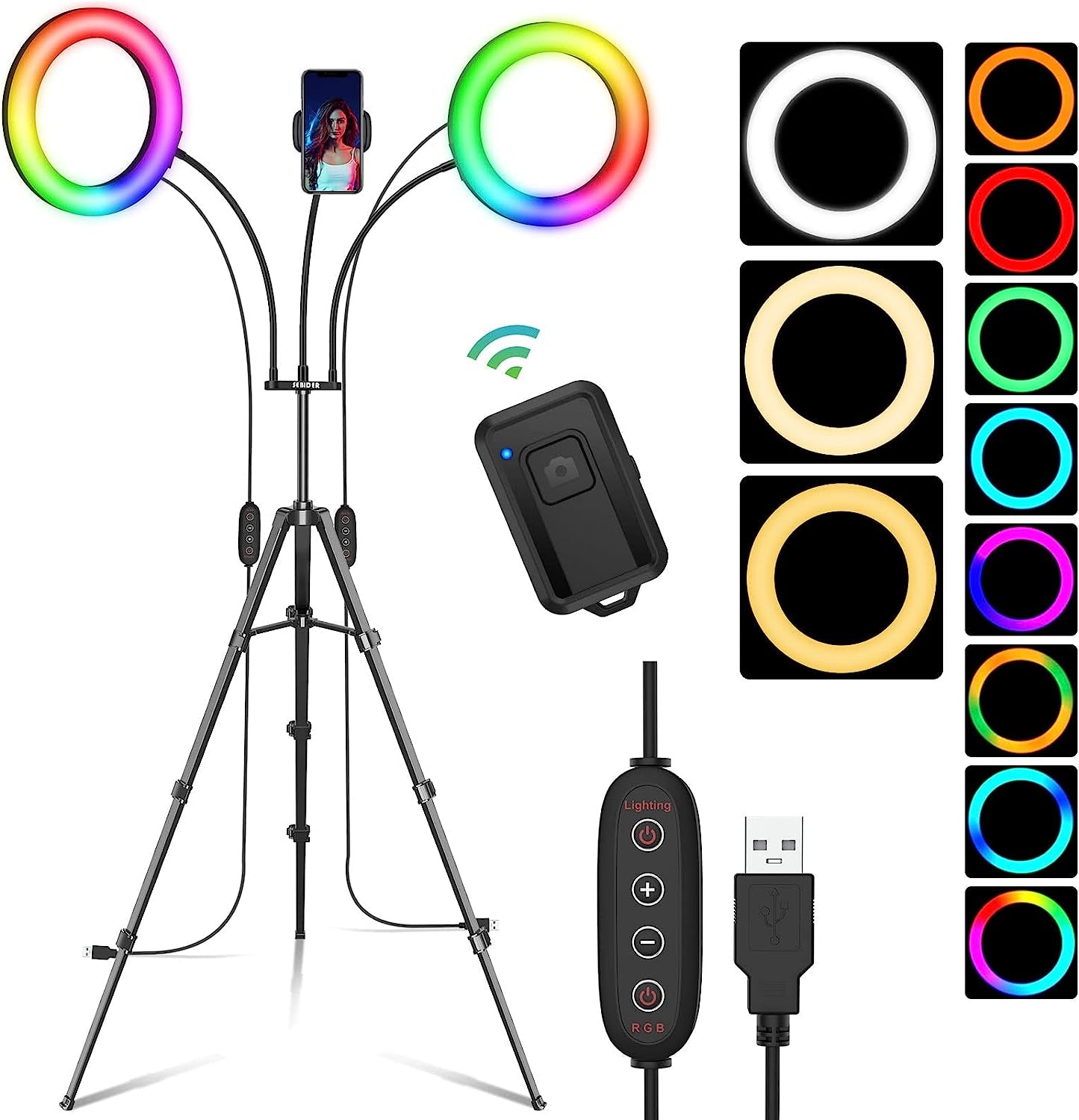 Dual 8" RGB Selfie Ring Light with Stand and Phone Holder, 76" Extendable Light Stand & Dimmable 29 Colors of Double LED Circle Lights for Tiktok/Live Stream/Makeup/Youtube  SEBIDER   