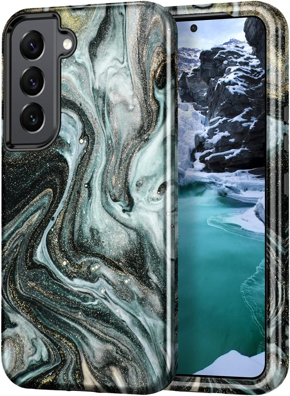 Galaxy S21 plus Case: Marble Pattern 3-In-1 Heavy Duty Shockproof with Rugged Hard PC & Soft Silicone, Rose Gold  Btscase Golden Sands/Black  