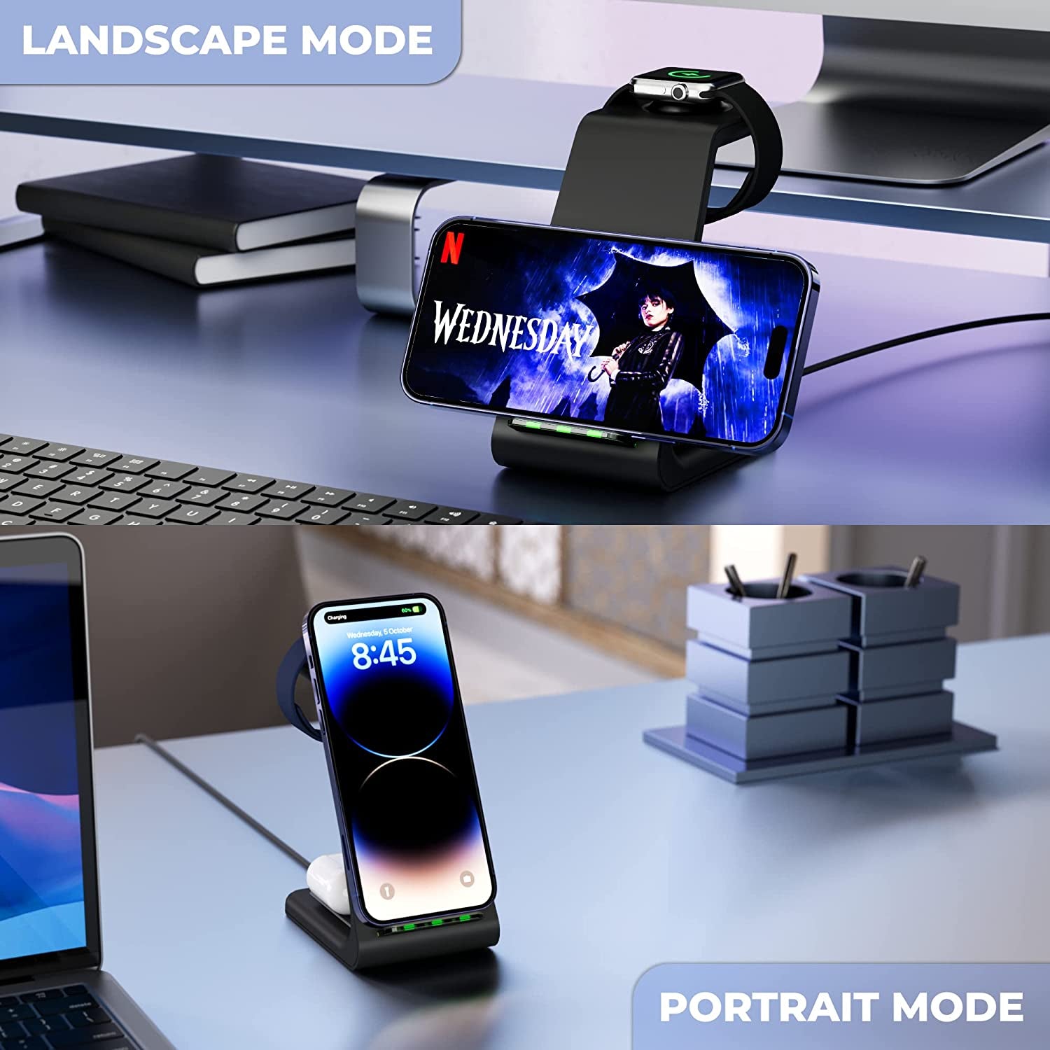 Quezqa Wireless Charging Stand - Fast Wireless Charger - 3 in 1 Charging Station for Apple Airpods Pro 3 2 Apple Watch Ultra 8 7 SE 6 5 4 Iphone 14 Pro Max 14 plus 13 12 11 Pro Max with QC3.0 Adapter  QUEZQA   