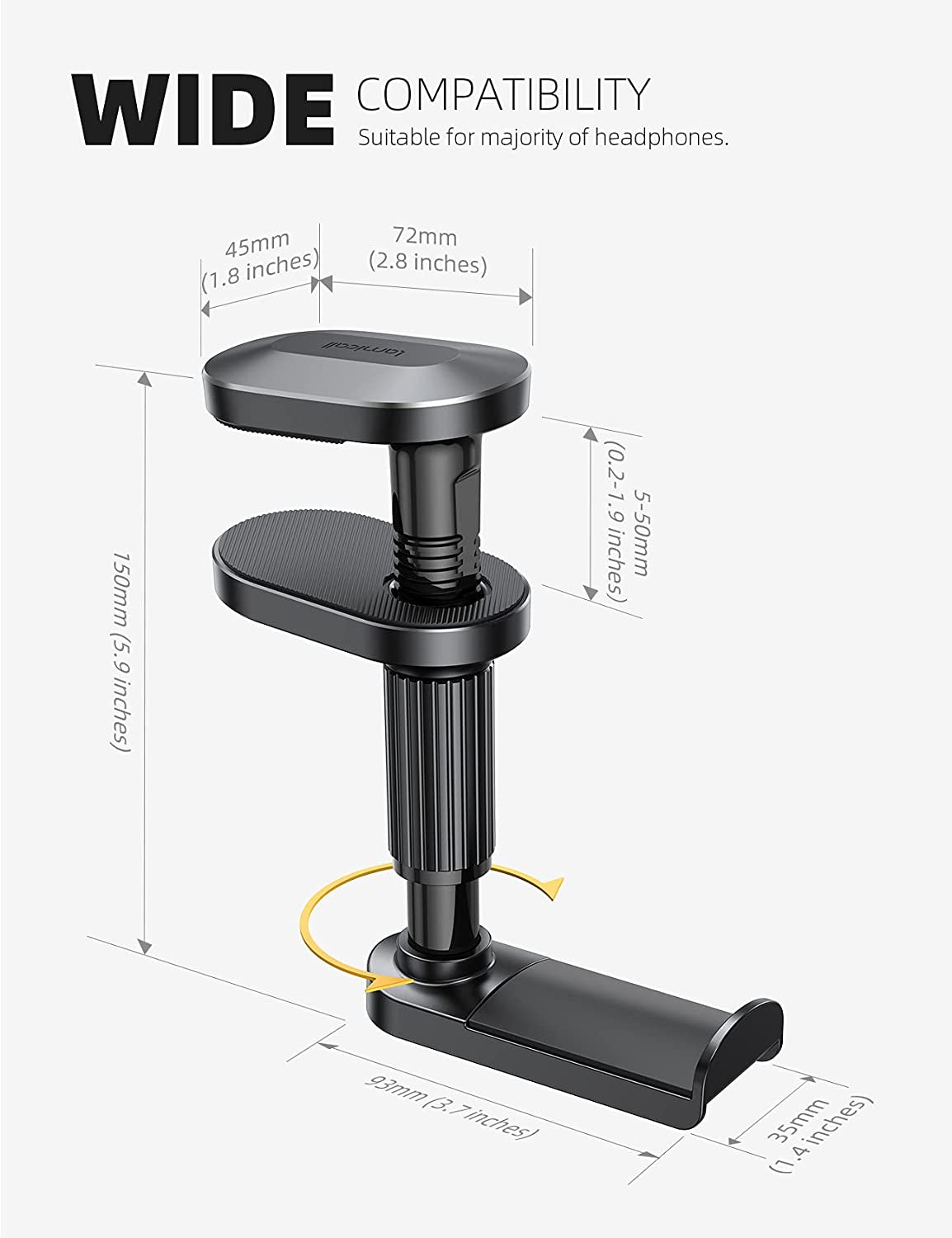 Lamicall Headphone Stand, Headset Hanger - [2022 Upgarded] 360° Rotating Earphones Holder Hook Mount Clamp under Desk for Airpods Max, Sennheiser, More, Black  Lamicall   