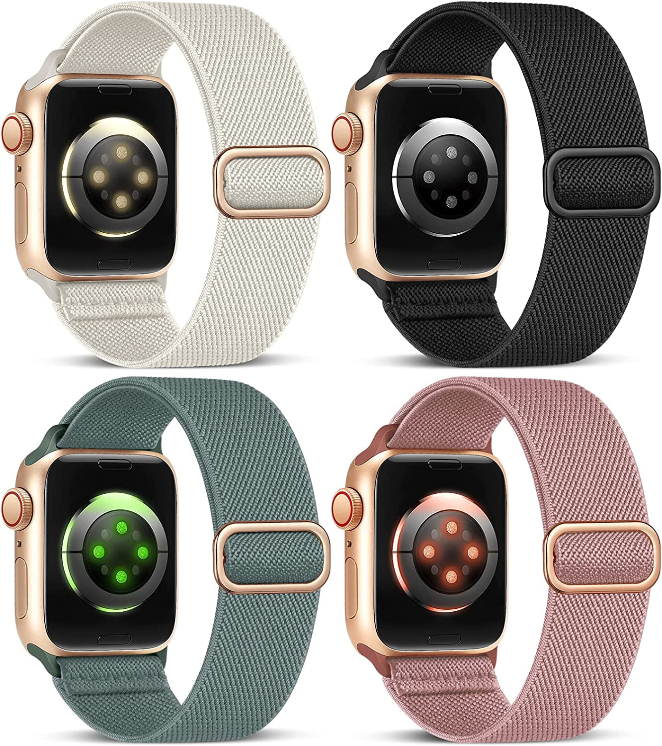 Stretchy Nylon Bands Compatible with Apple Watch Band 38Mm 40Mm 41Mm 42Mm 44Mm 45Mm 49Mm for Women Men, Elastic Solo Loop Adjustable Sport Braided Strap for Iwatch Series 8 7 SE 6 5 4 3 2 1,4 Packs  Sunnywoo   