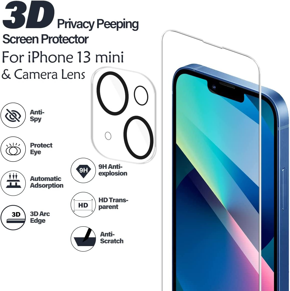 BIGFACE Compatible with Iphone 13 Mini Screen Protector + Camera Lens Protectors, [2 + 2 Pack] Premium HD Clear Tempered Glass, Anti-Bubble 3D Curved Accuracy Film for Iphone 13 Mini(5.4 Inch)  BIGFACE   