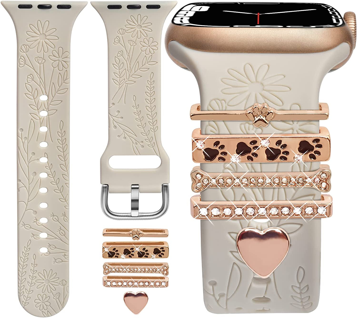 Watch Band Charms (Band Included), Compatible with Apple Watch Band 38Mm 40Mm 41Mm, ORATYFAN Floral Engraved Silicone Bands & Metal Decorative Ring Loops Accessories for Iwatch Series Se 8 7 6 5 4 3 2 1  ORATYFAN Starlight Band/ Rose Gold DogPaw 42mm/44mm/45mm/49mm 