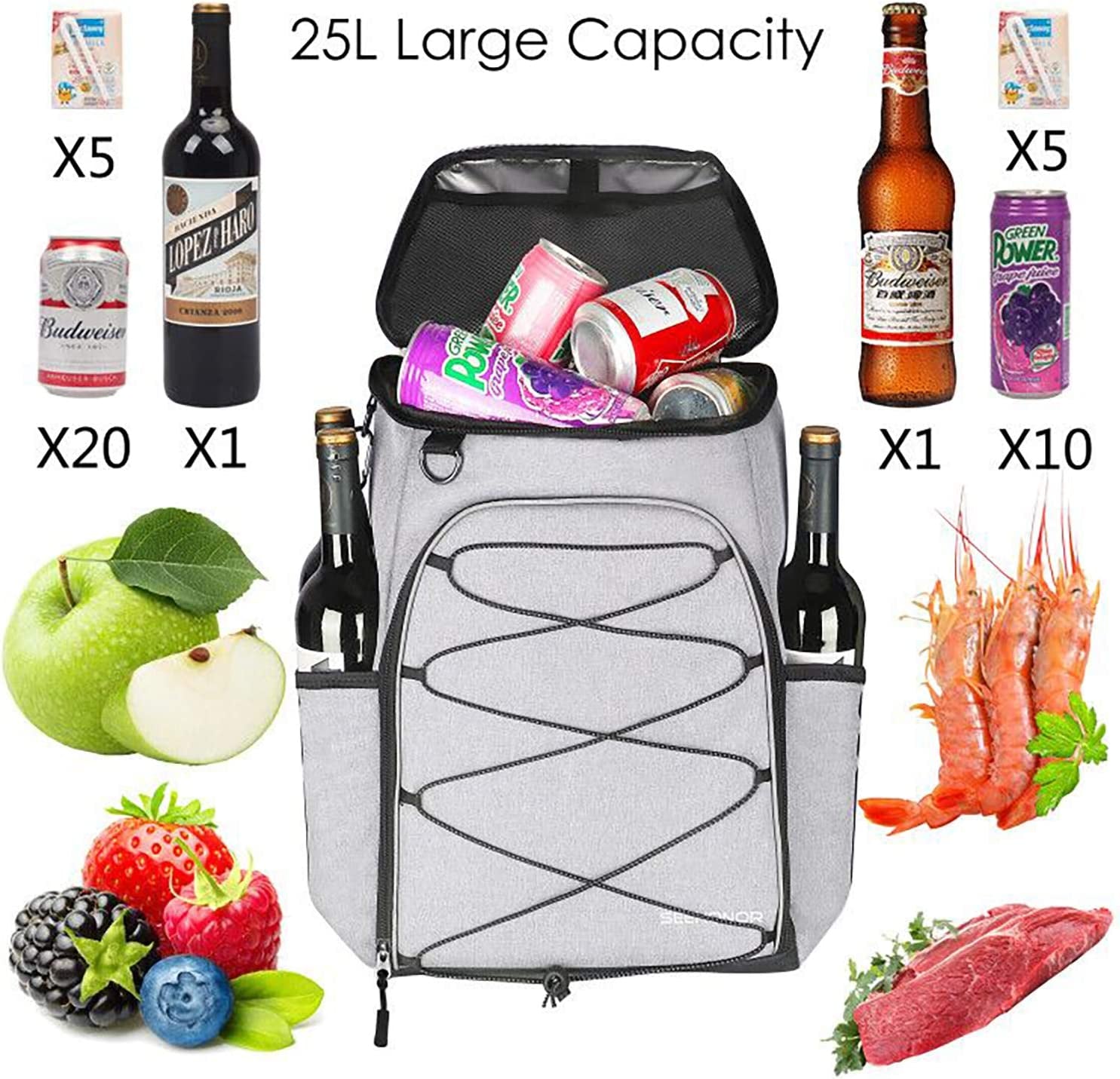 SEEHONOR Insulated Cooler Backpack Leakproof Soft Cooler Bag Lightweight Backpack Cooler for Lunch Picnic Fishing Hiking Camping Park Beach, 25 Cans  SEEHONOR   