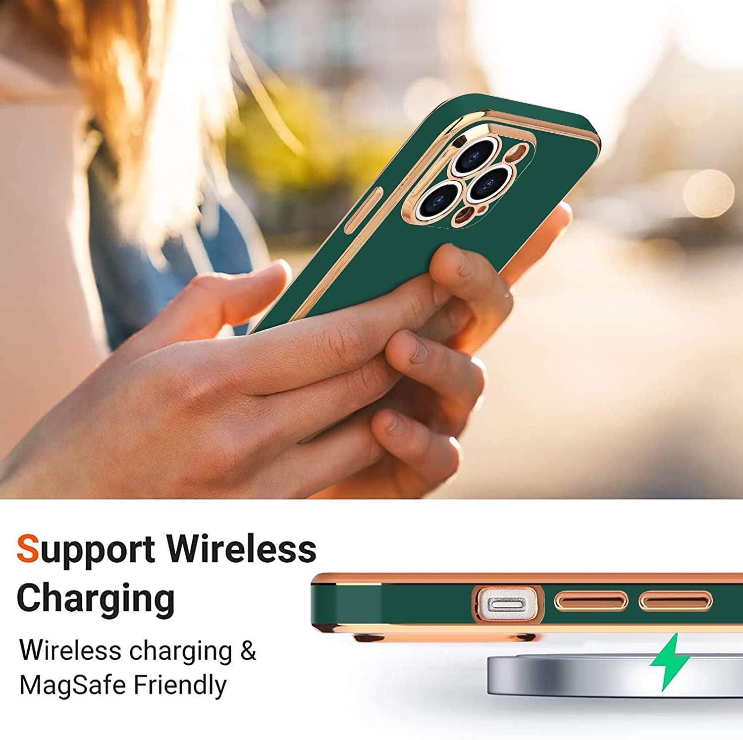 Teageo Iphone 14 Pro Case - Luxury Love Heart Design, Bling Back Cover, Camera Protection, Shockproof, Blackish Green  janzee   