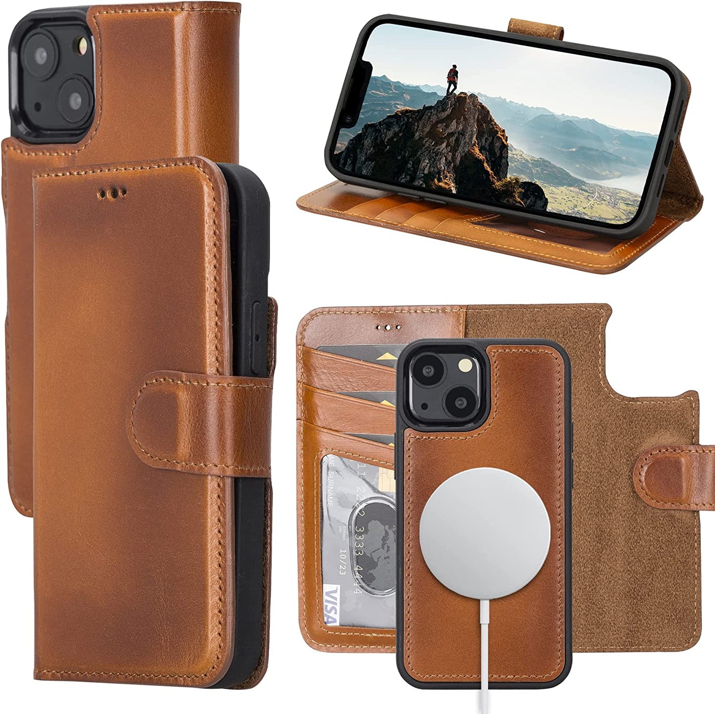 OXA Leather 2-In-1 Wallet Case Compatible with Iphone 14 Pro Max | Magnetic Detachable | Shockproof | RFID Blocking | Flip Case with Kickstand | Compatible with Magsafe | - Purple  OXA Rustic iPhone 14 Plus 