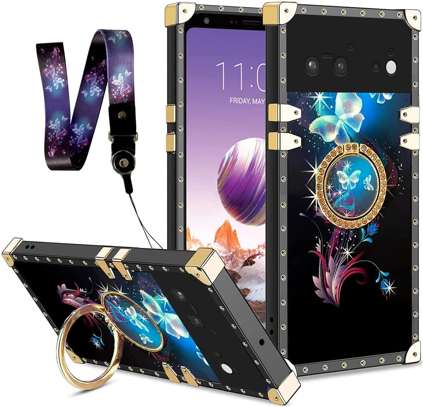 Nancheng Case for Google Pixel 6A (Not Pixel 6/6 Pro) Square Back Cover Design Colorful Petal Stars Sky with Diamond Holder Ring Strap Lanyard Shockproof Protective Phone Case for Pixel 6A - Flowers  nancheng Pixel 6-Butterfly Darkblue  