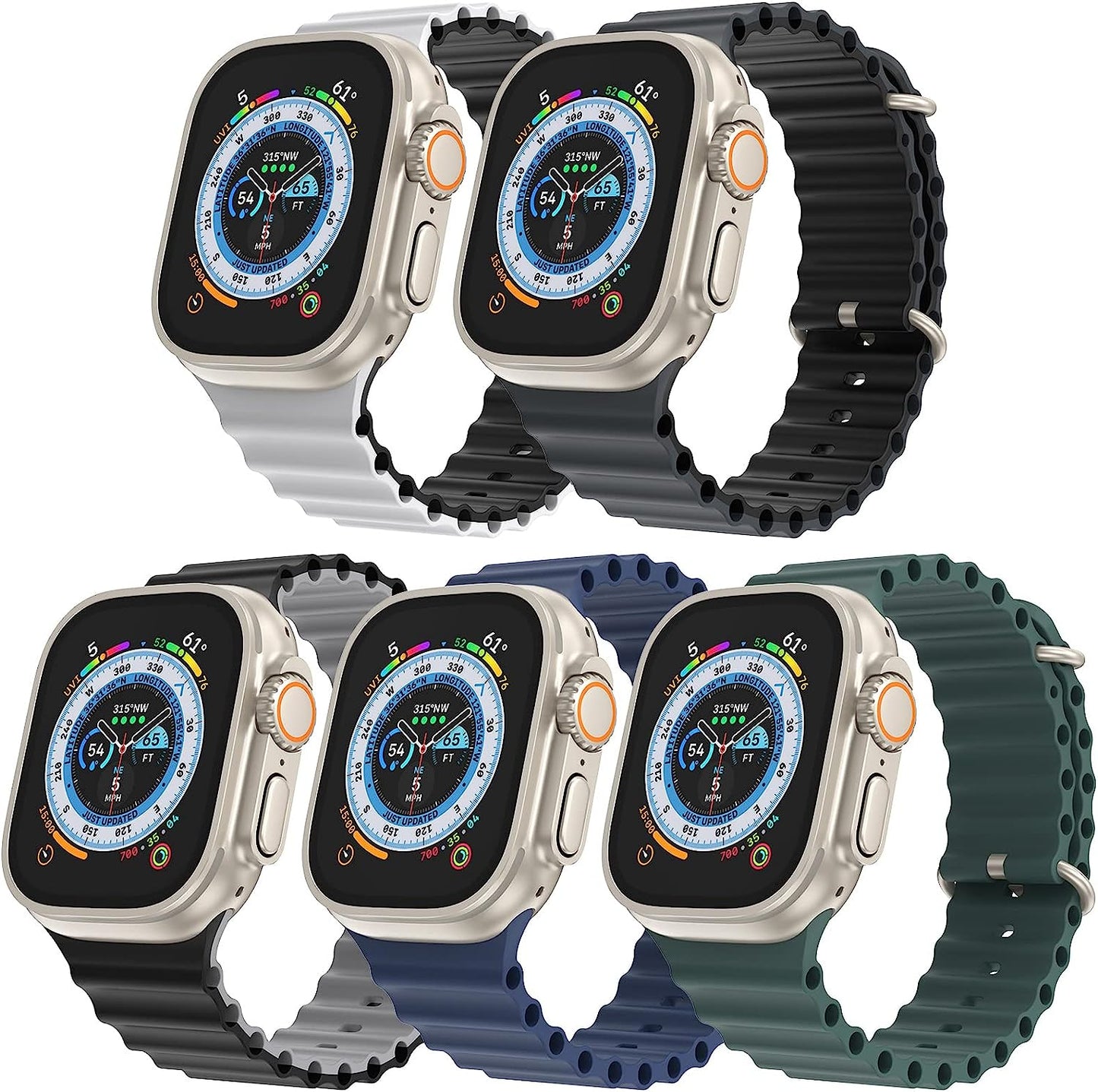 5 Pack Ocean Ultra Band Compatible for Apple Watch Band 49Mm 44Mm 45Mm, Soft Silicone Adjustable Loop Titanium Buckle Sport Strap for Iwatch Series Ultra SE 8 7 6 5 4 3 2 Women Men  OWUSHEE   