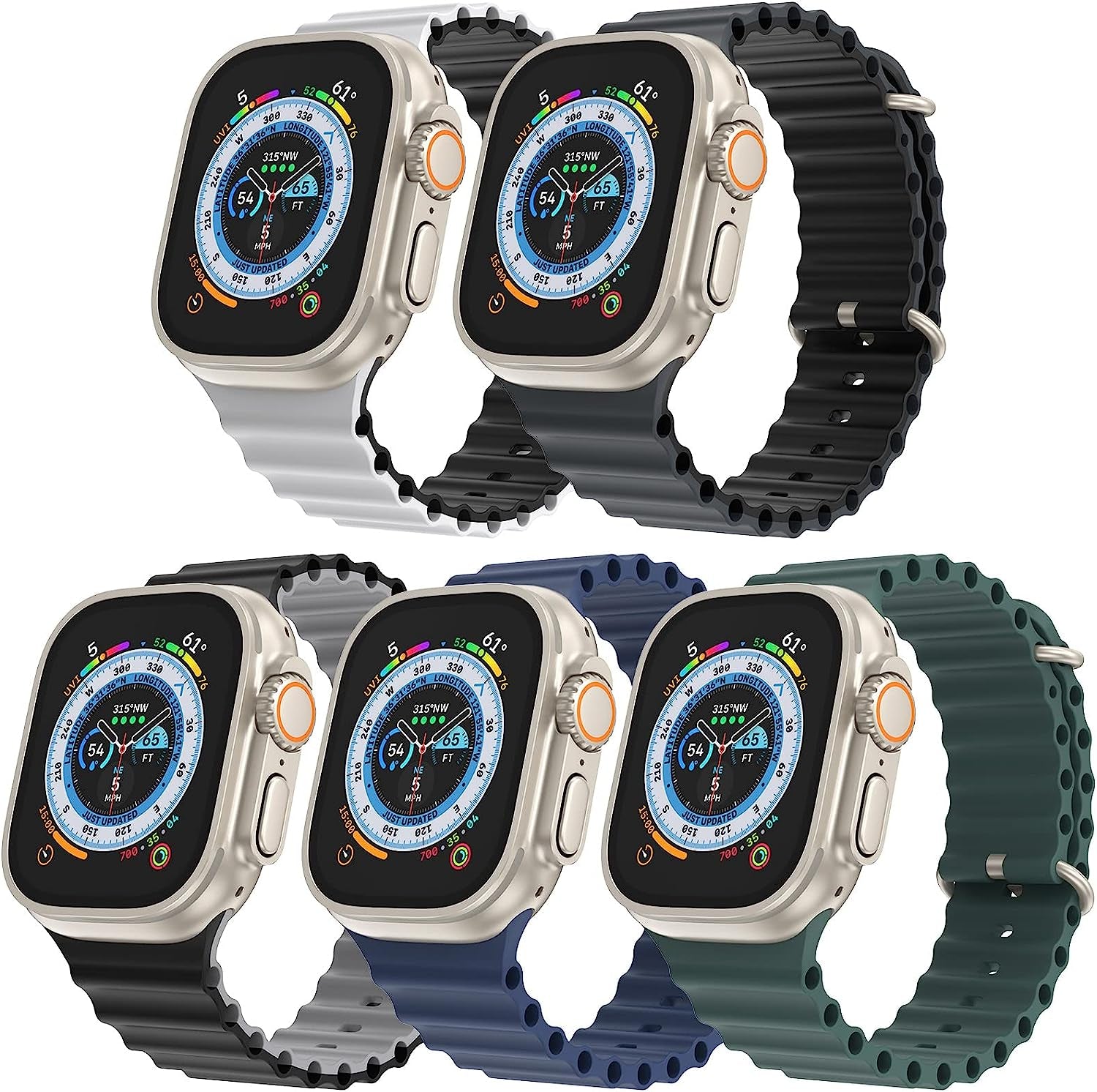 5 Pack Ocean Ultra Band Compatible for Apple Watch Band 49Mm 44Mm 45Mm, Soft Silicone Adjustable Loop Titanium Buckle Sport Strap for Iwatch Series Ultra SE 8 7 6 5 4 3 2 Women Men  OWUSHEE   