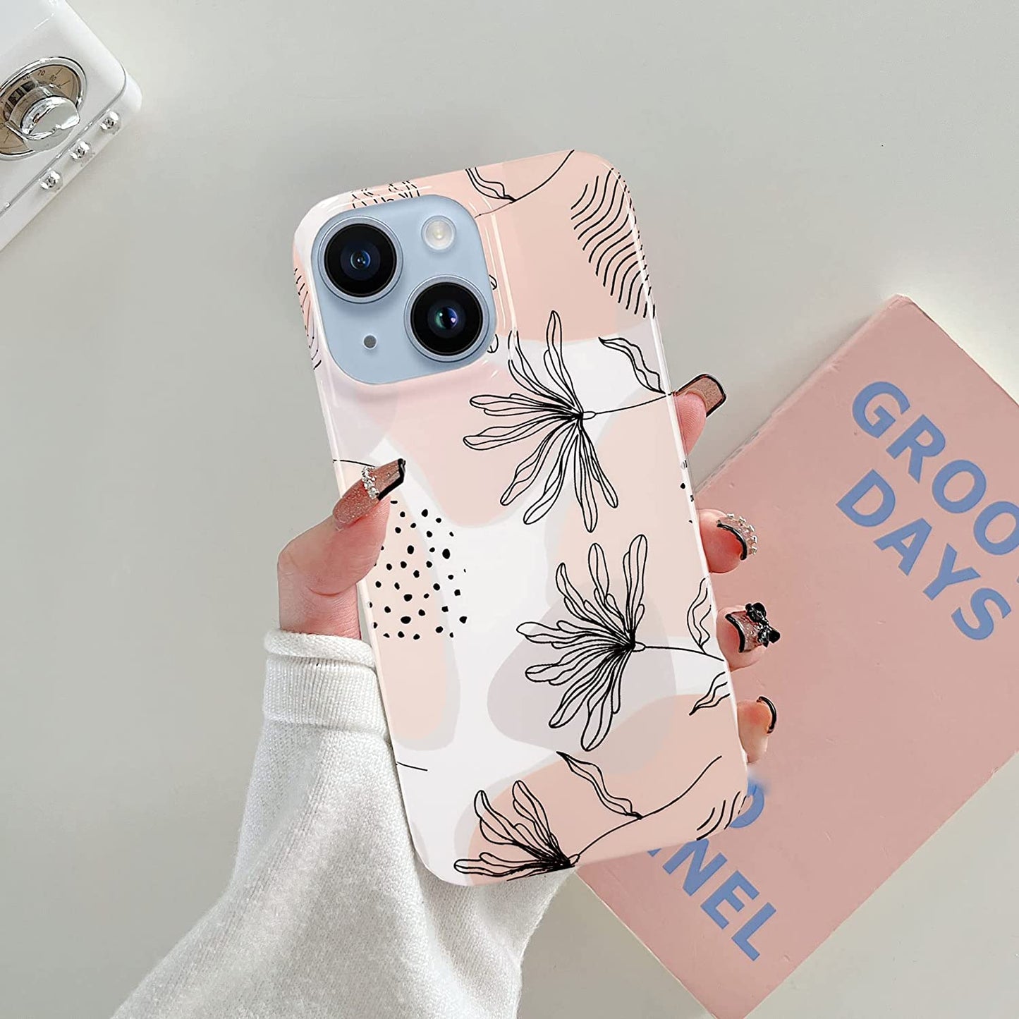 J.West Design for Iphone 14 Case 6.1,Aesthetic Minimalist Boho Modern Abstract Prints Slim Geometric Line Plant Floral Pattern Pink Soft TPU Shockproof Cover Protective Phone Case for Women Leaves  J.west   