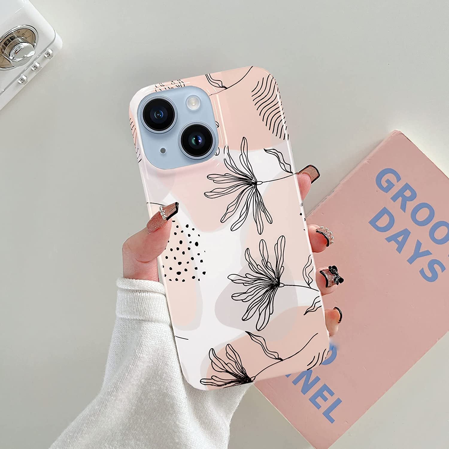 J.West Design for Iphone 14 Case 6.1,Aesthetic Minimalist Boho Modern Abstract Prints Slim Geometric Line Plant Floral Pattern Pink Soft TPU Shockproof Cover Protective Phone Case for Women Leaves  J.west   