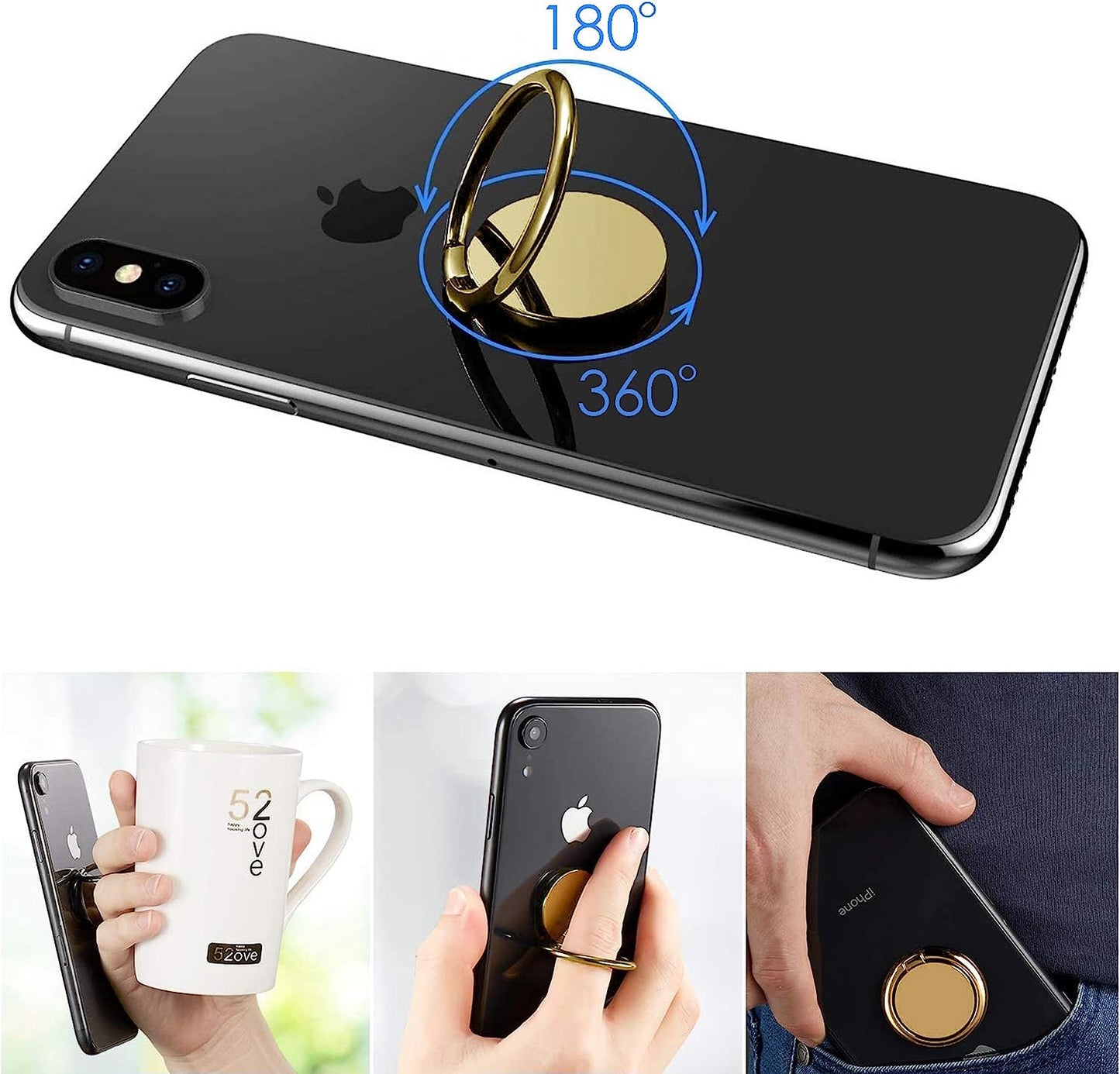 Pokanic Cell Phone Metal Ring Holder Finger Grip Stability Kickstand 360° Rotation Adjustable Collapsible Compatible with Apple Iphone, Samsung Galaxy, LG (Gold)  Pokanic   