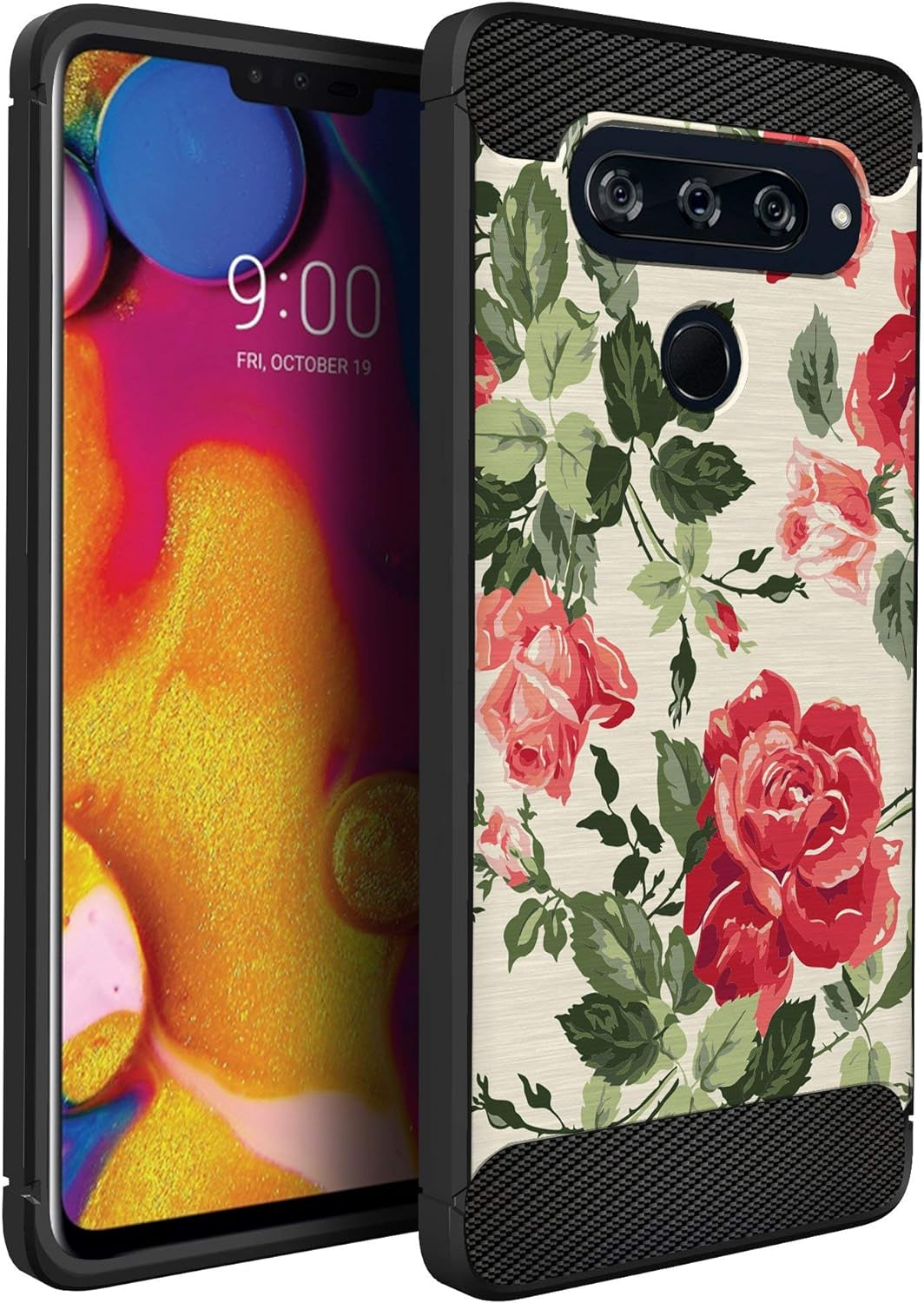 Casesondeck Case Compatible with [LG V40 Thinq] Soft TPU Bumper Cover Carbon Fiber Texture Flexible (Flowers)  CasesonDeck Red Flower Roses  