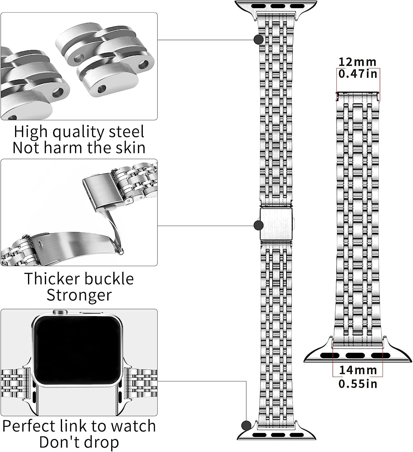QUNDAXI Slim Watch Band Compatible with Apple Watch 41Mm 45Mm 42Mm 44Mm 40Mm 38Mm Metal Stainless Steel Watchband Suitable for Iwatch 8/7/6/5/4/3/2/1/SE Series Women Luxury Strap  QUNDAXI   