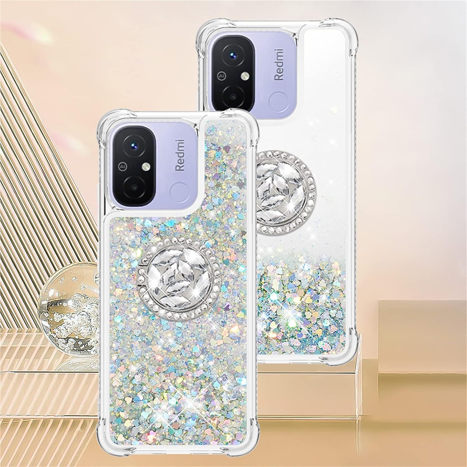 Tncavo for Xiaomi Redmi 12C Case for Woman, Moving Liquid Holographic Sparkle Glitter Cases with Diamond Ring Soft Clear TPU Luxury Girly Cute Phone Cover for Xiaomi Redmi 12C LSZ Silver  Tncavo   