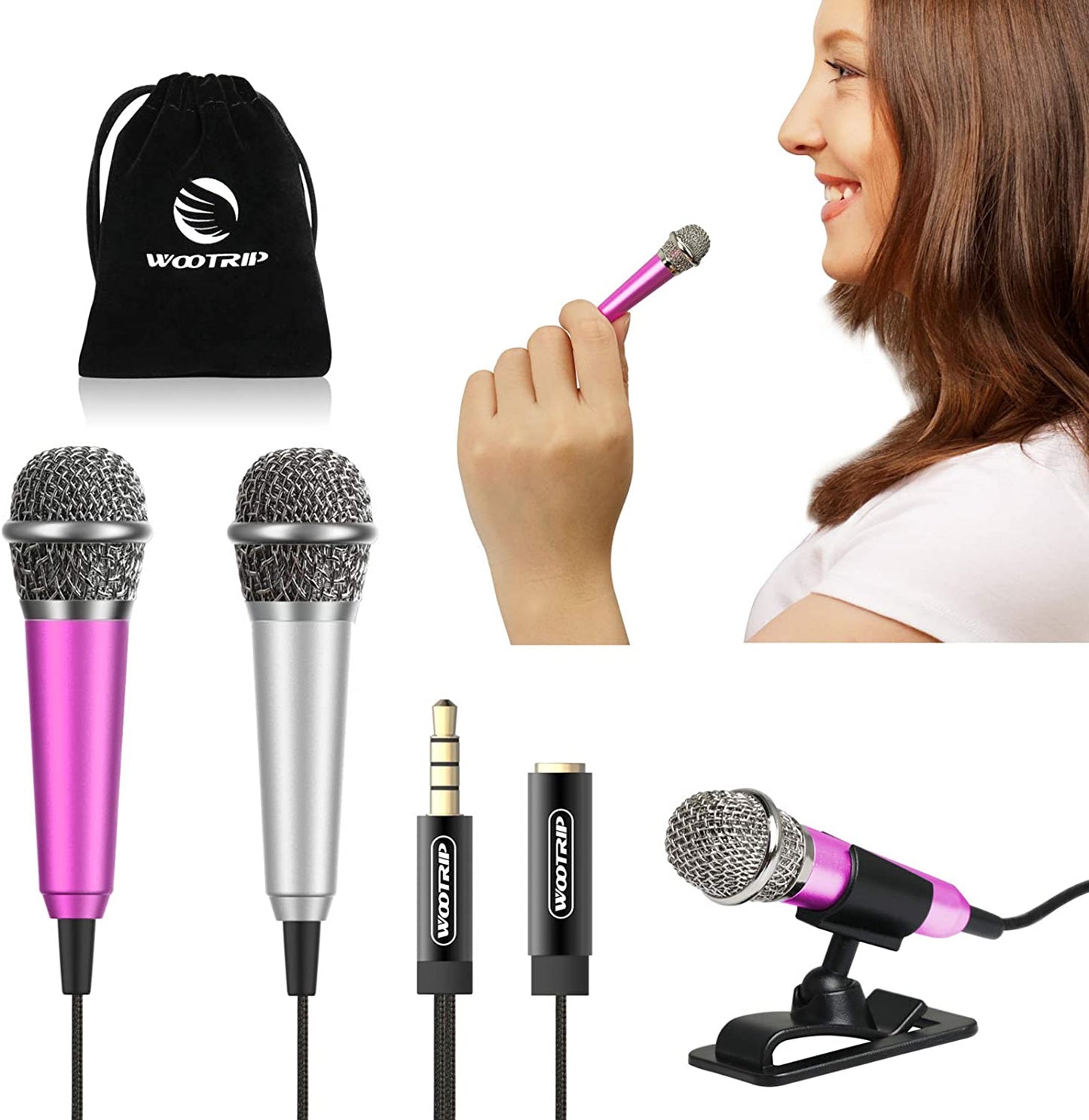 Mini Microphone, Wootrip Karaoke Tiny Microphone for Voice Recording Interview, Portable Small Singing Mic 3.5Mm Plug with Stand Suitable for Android Phone,Iphone,Ipad, Laptop (Rose Gold)  Wootrip Silver Pink  