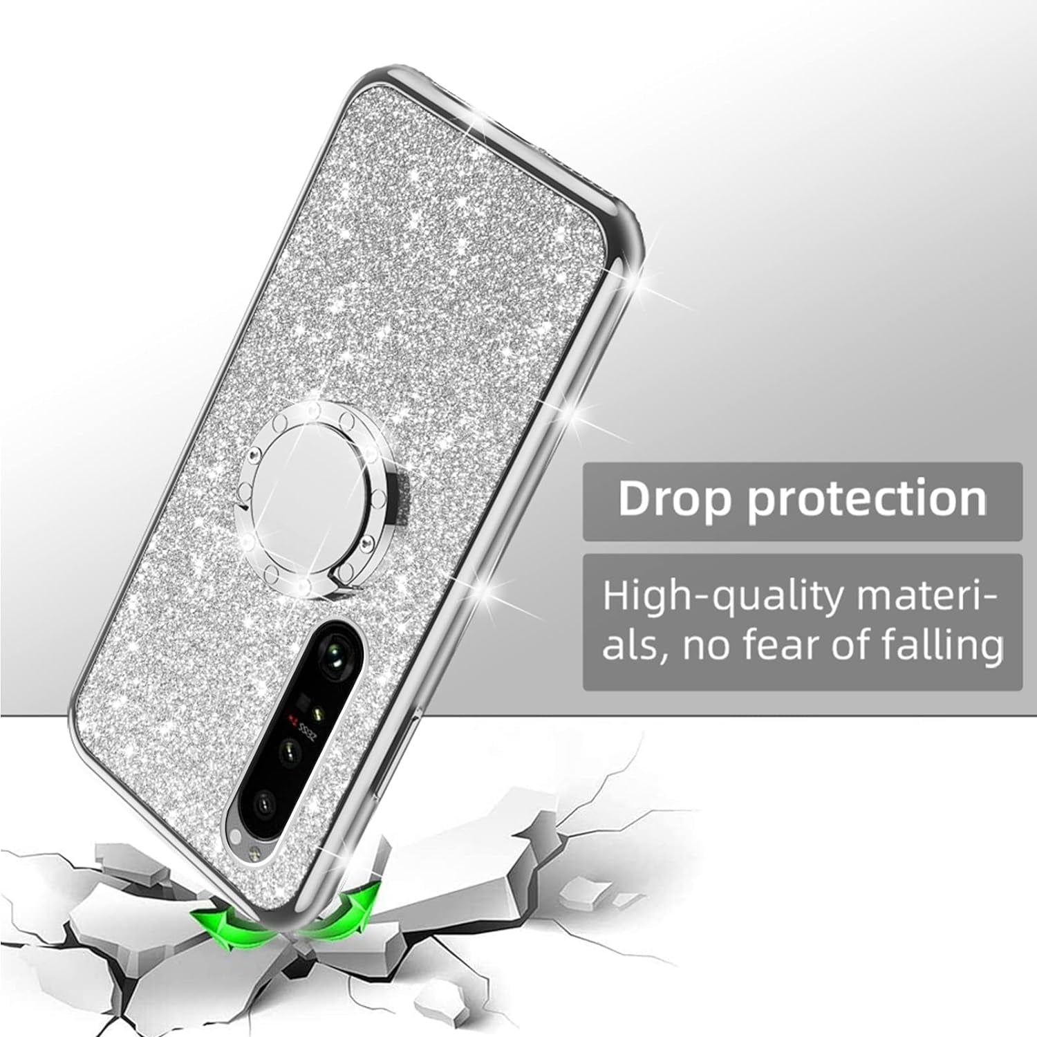 Nancheng for Xperia 1 III Case Girls Women Cute Glitter Silicone Sparkly Slim Cover with Ring Stand & Strap Shockproof Drop Full-Body Protection Case for Sony Xperia 1 III (2021) - Silver  nancheng   
