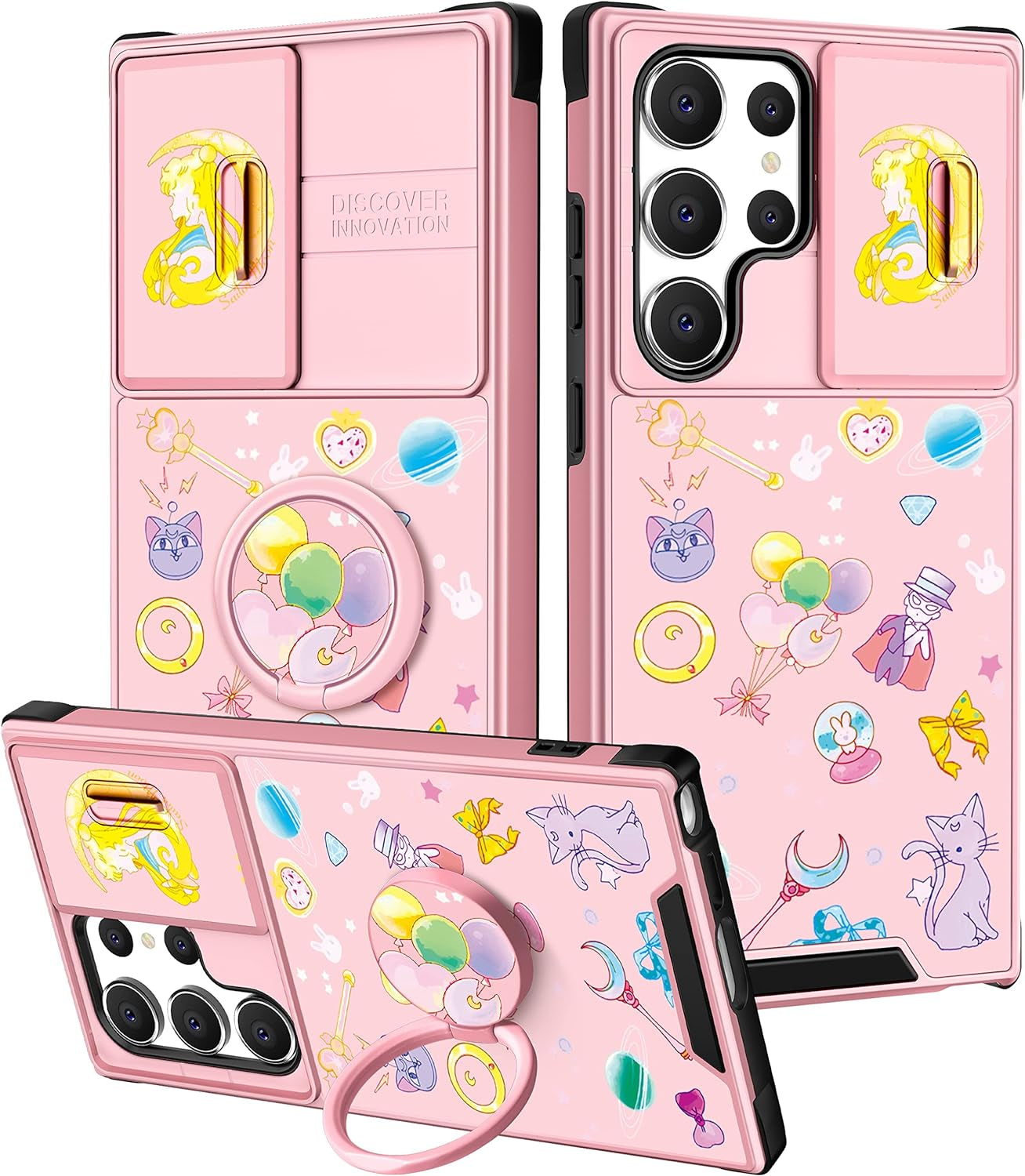 Oqpa for Samsung Galaxy S22 Ultra Case Cute Cartoon Case with Camera Cover+Ring Holder for Women Girly Girls Boys Kids Galaxy S22 Ultra Kawaii Funny Unique Case for Samsung S22 Ultra, Happy Miki  meitong2020 Moon Cat  