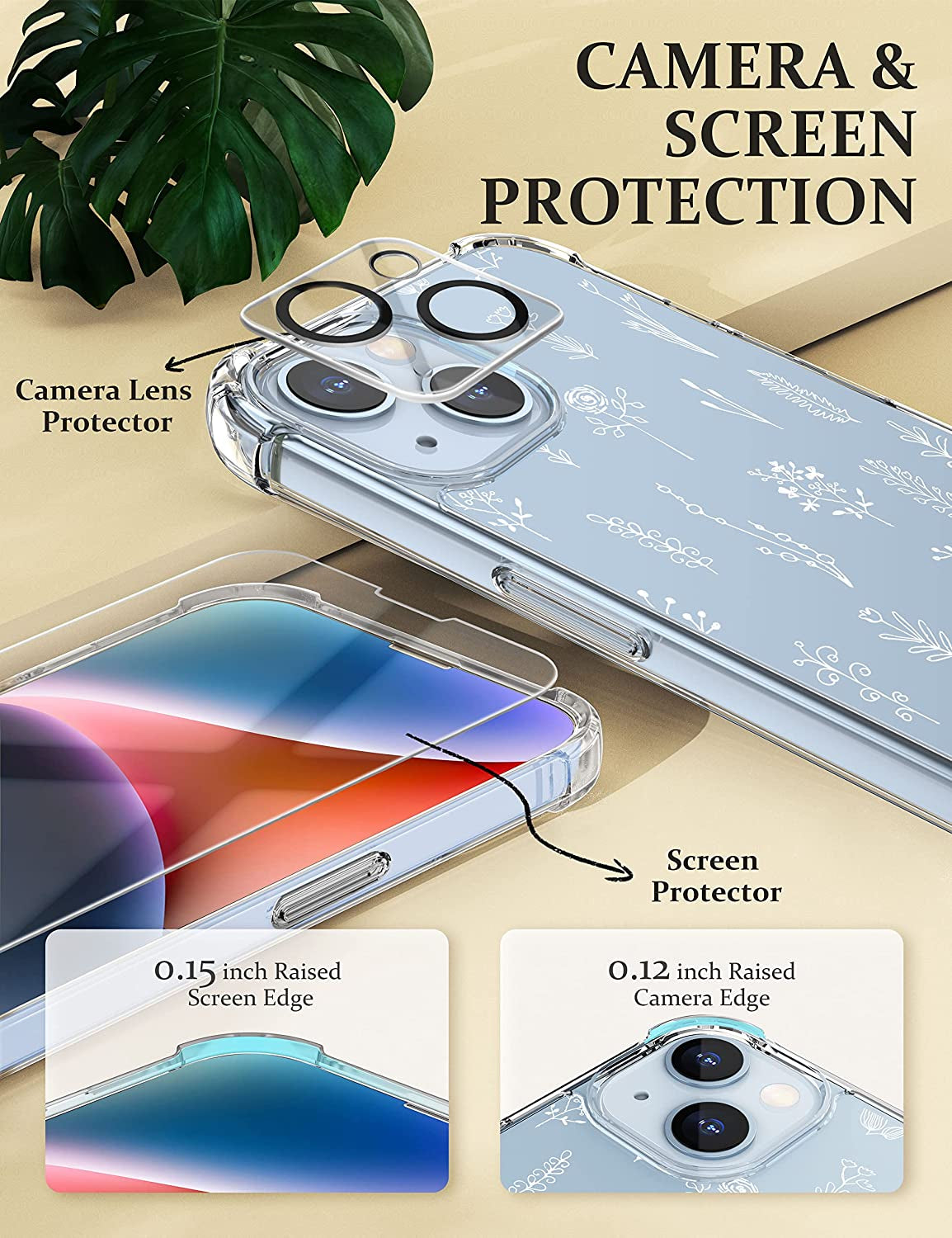 Cutebe [3 in 1 Crystal Phone Case for Iphone 13(2021)/Iphone 14(2022) 6.1", Cute Protective Cover with 9H Temper Glass Screen Protector + HD Temper Camera Lens Protector for Women, Girls  Cutebe   