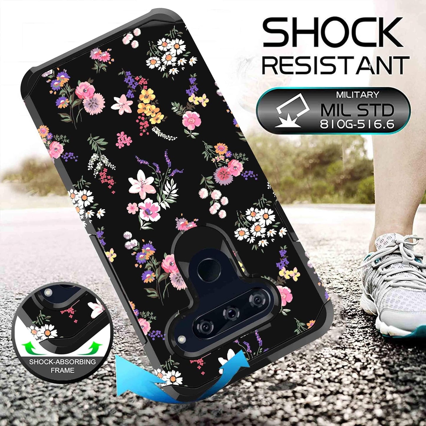 Shinymax Protective Phone Case for LG V40/LG V40 Thinq,Flowers Design Heavy Duty Hybrid Dual Layer Armor Cover Cute Flexible Sturdy Anti-Scratch Shockproof Bumper Case for Women and Girls-Floral/Black  ShinyMax   