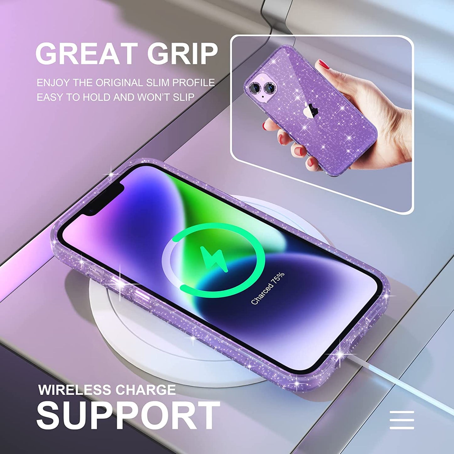 Choiche Compatible for Iphone 14 Case Cute, Women Clear Glitter Bling Sparkly Case, [2 X Diamond Camera Lens Protectors] [2 X Tempered Glass Screen Protectors] 6.1-Inch (Glitter Purple)  Choiche   